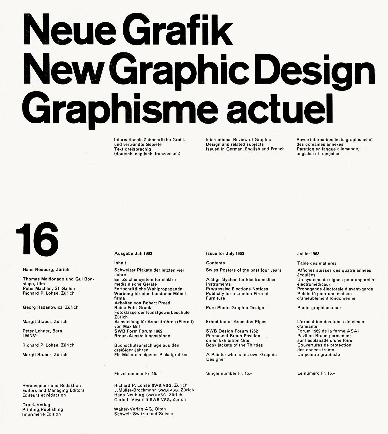 1963 年 7 月號《Neue Grafik》第 16 期封面：白底黑字，大標以德、英、法三種語言並列 Neue Grafik、New Graphic Design、Graphisme actuel，下方三欄分別是三種語言的目錄