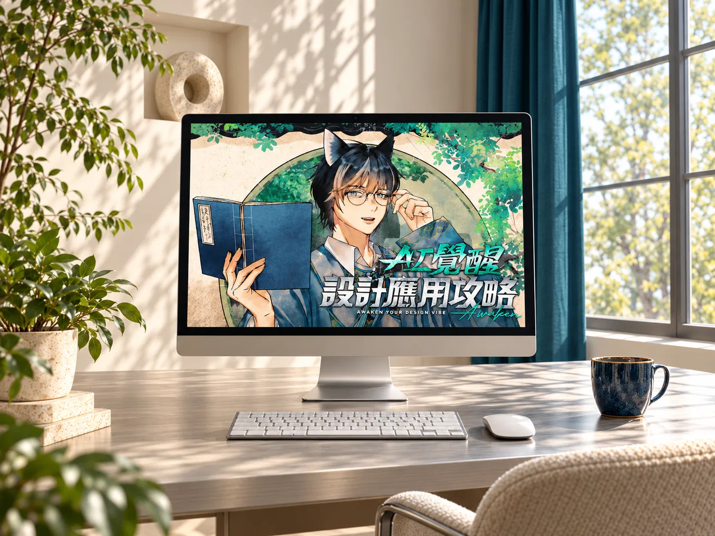 AI 覺醒設計應用攻略課程網頁展示——桌上型電腦螢幕顯示課程主視覺：設計師 Riven 的品牌角色插畫手持攻略本，AI 覺醒設計應用攻略，AWAKEN YOUR DESIGN VIBE