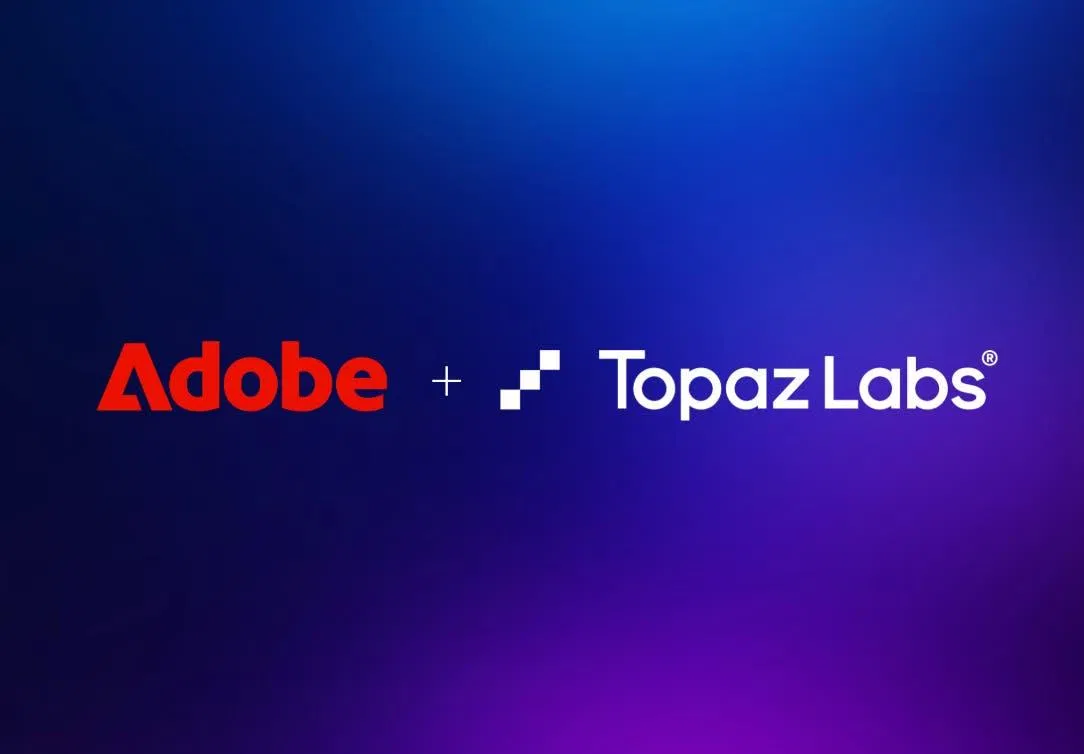 Adobe 與 Topaz Labs 的品牌標誌並列在藍紫色漸層背景上，代表 Adobe 宣布收購 AI 影像增強公司 Topaz Labs
