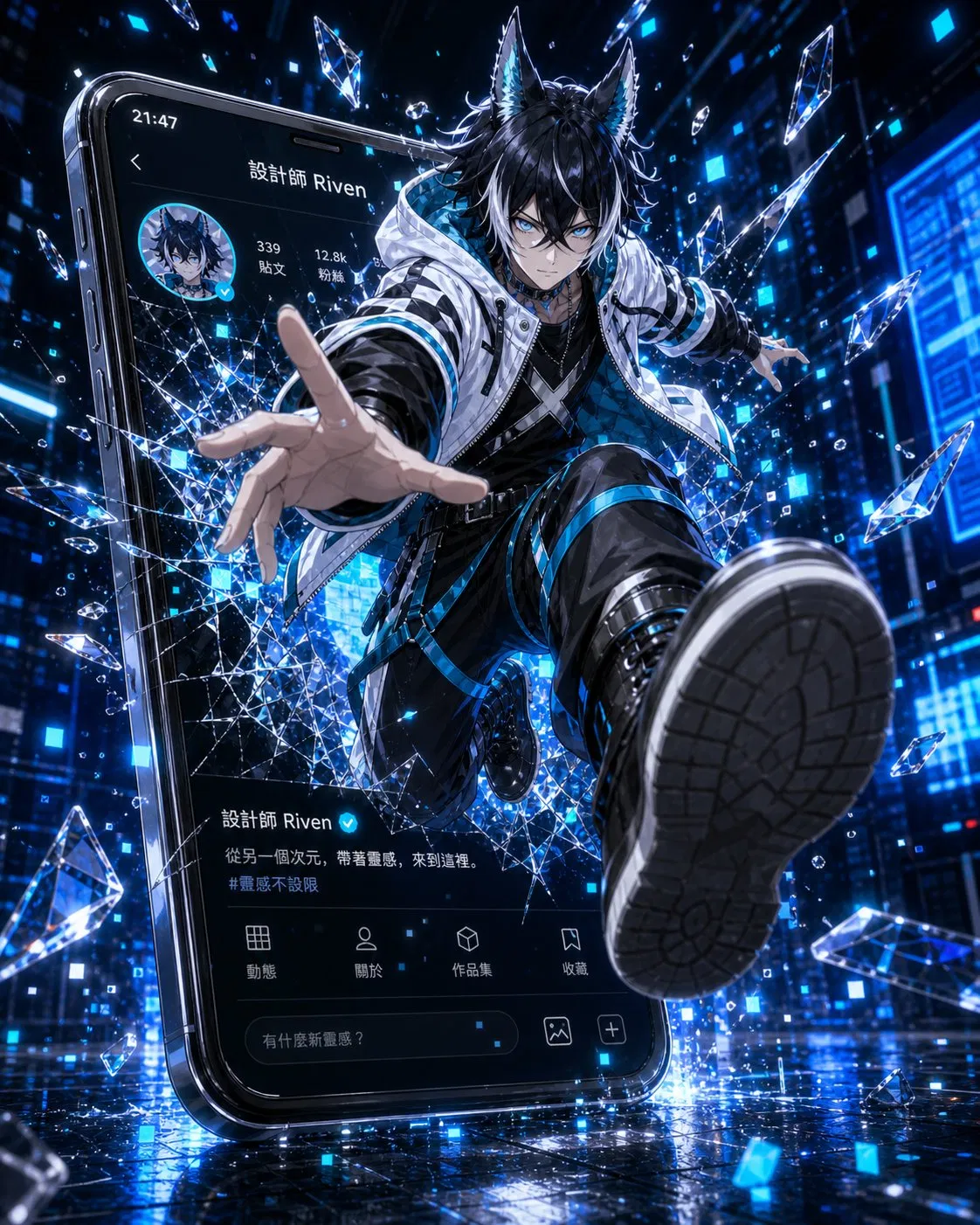 ChatGPT Image 2 cinematic 主視覺 — 狼耳 VTuber 破屏而出