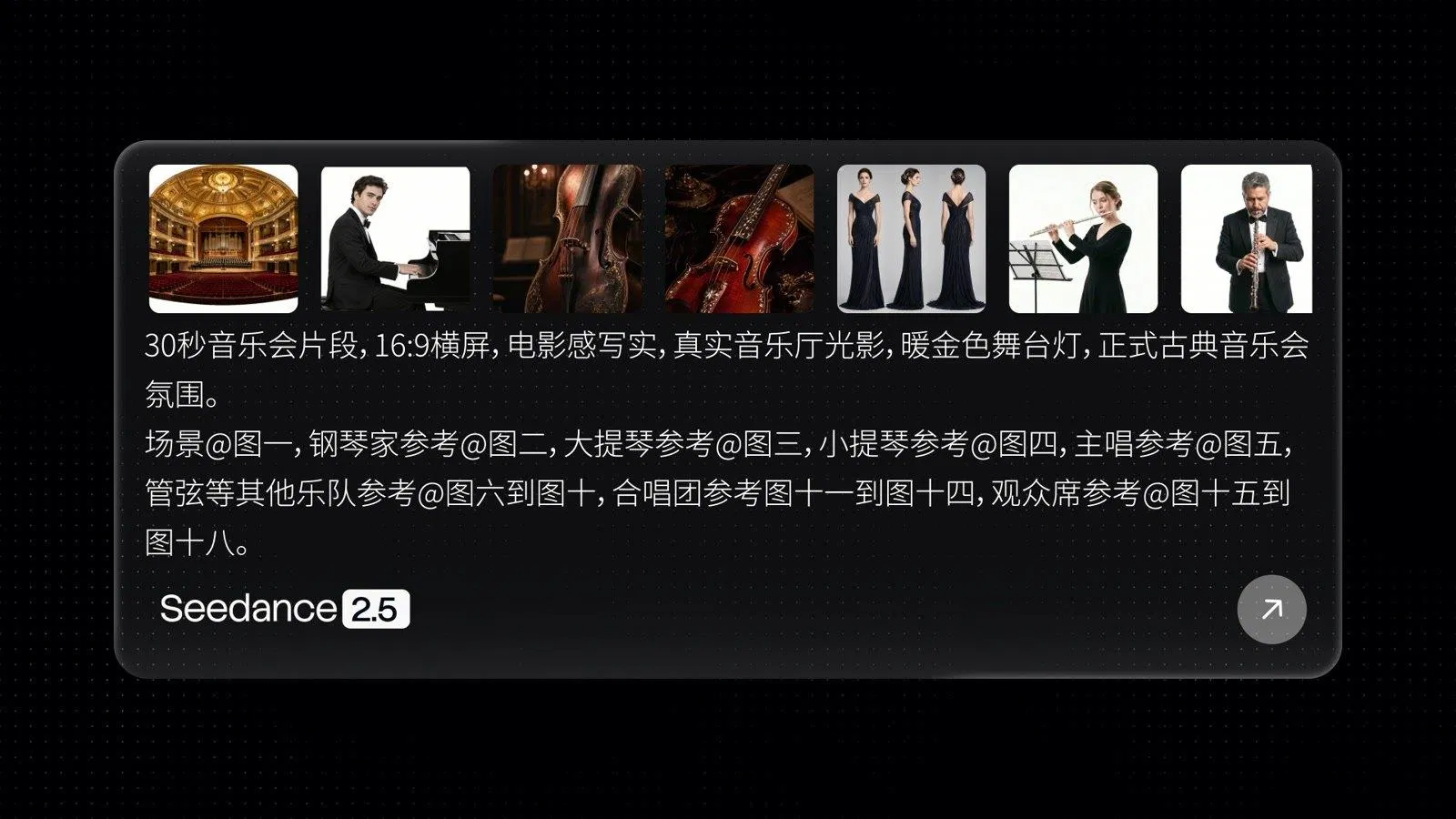 Seedance 2.5 官方示範卡：18 張參考圖生成 30 秒古典音樂會影片
