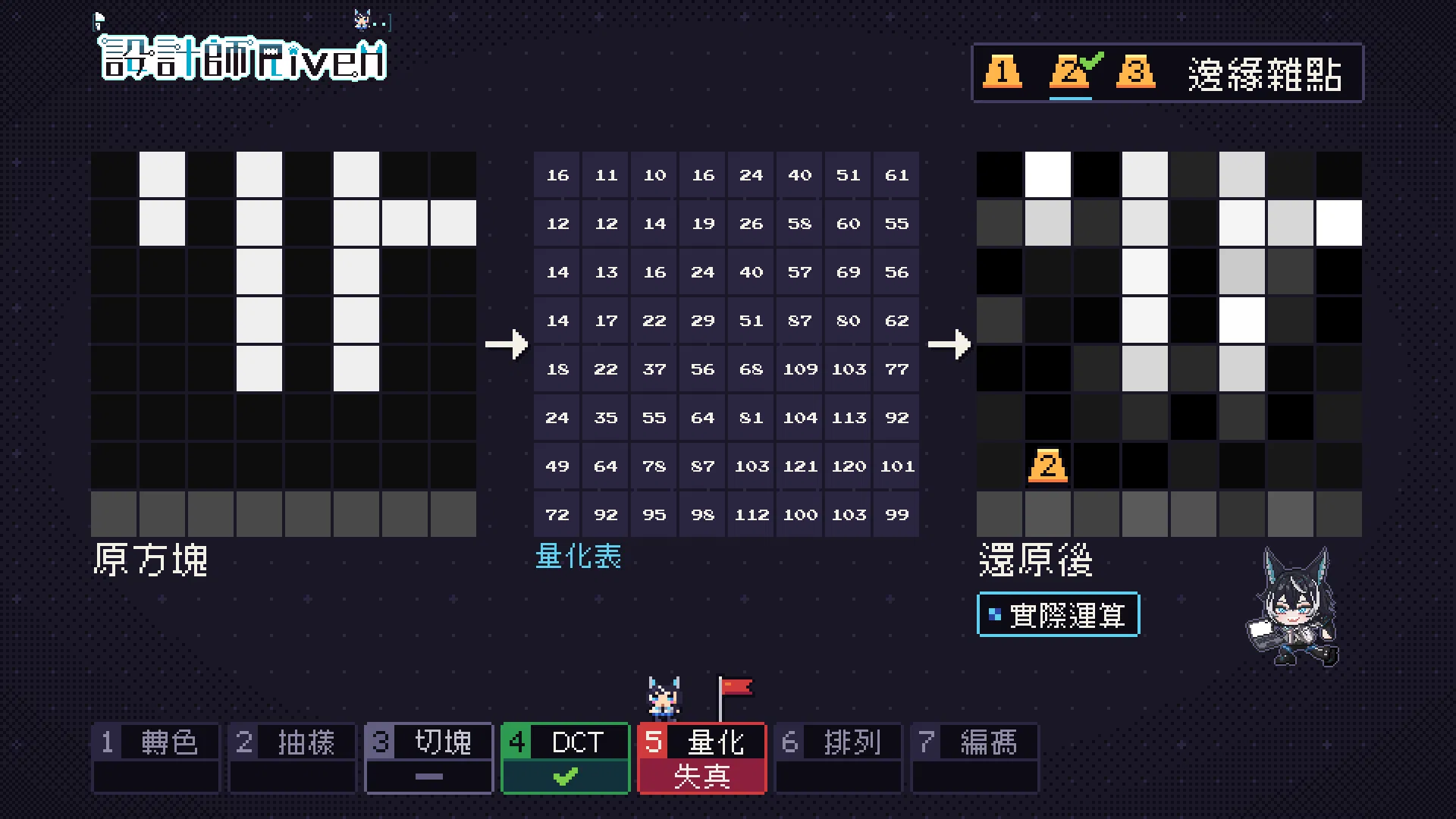 原方塊與還原後的方塊並排：還原後白字邊緣出現多個灰色雜點，標示實際運算