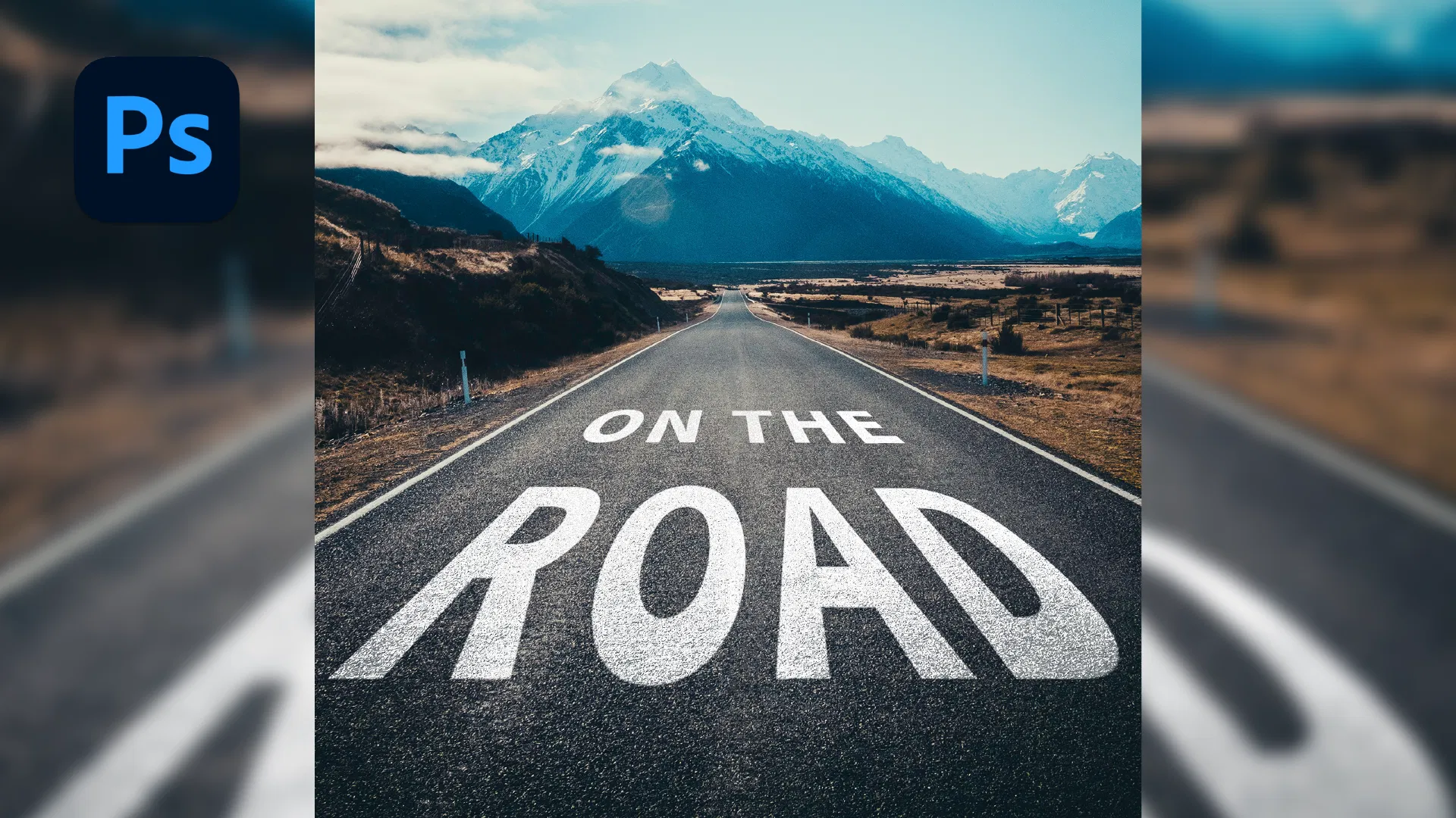 Photoshop 路面透視效果成品:ON THE ROAD 文字貼合在通往雪山的柏油路面上