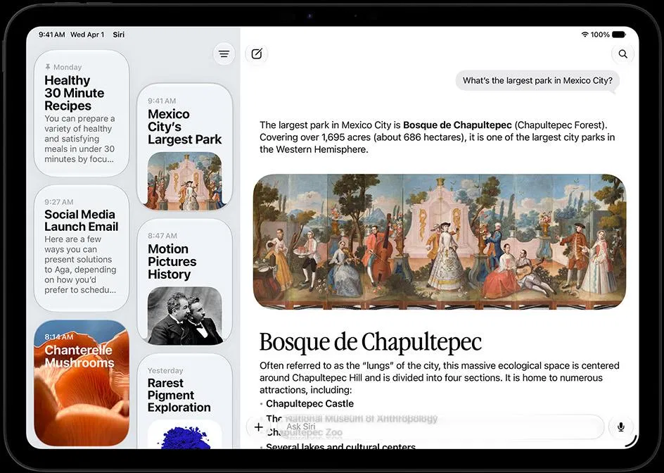 iPadOS 27 Siri App 畫面：左側是對話列表卡片，右側是含畫作與長文的回答，玻璃材質的按鈕浮在內容上方