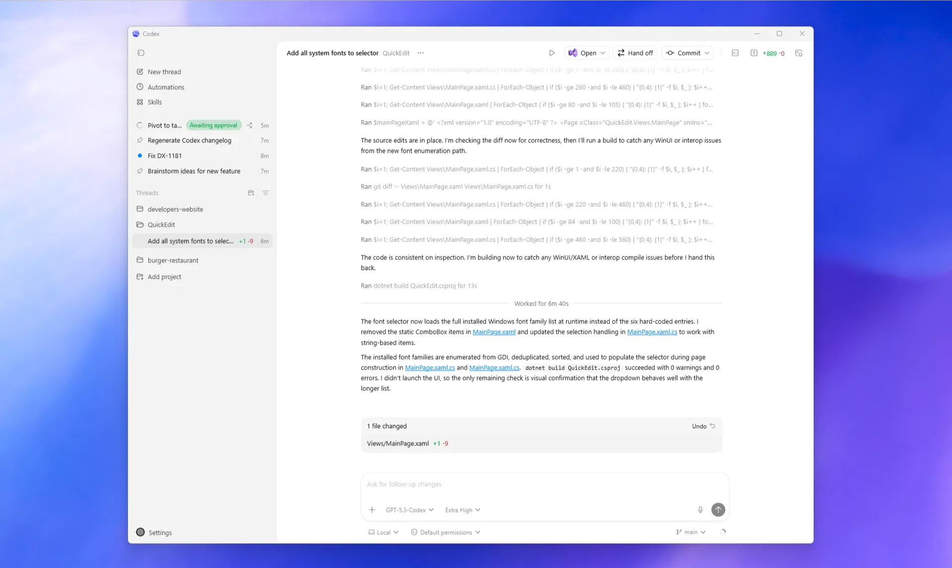 Codex Windows 桌面 App 正在執行字型清單擴充任務的畫面,顯示 PowerShell 命令、檔案差異、agent 工作日誌