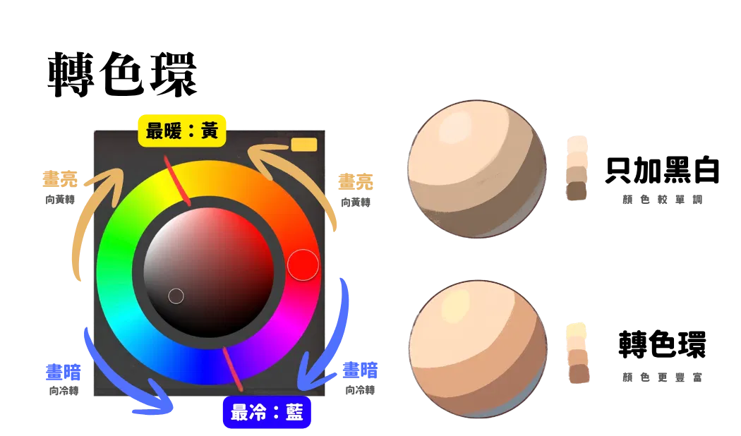 轉色相:畫亮往黃色轉、畫暗往冷色轉