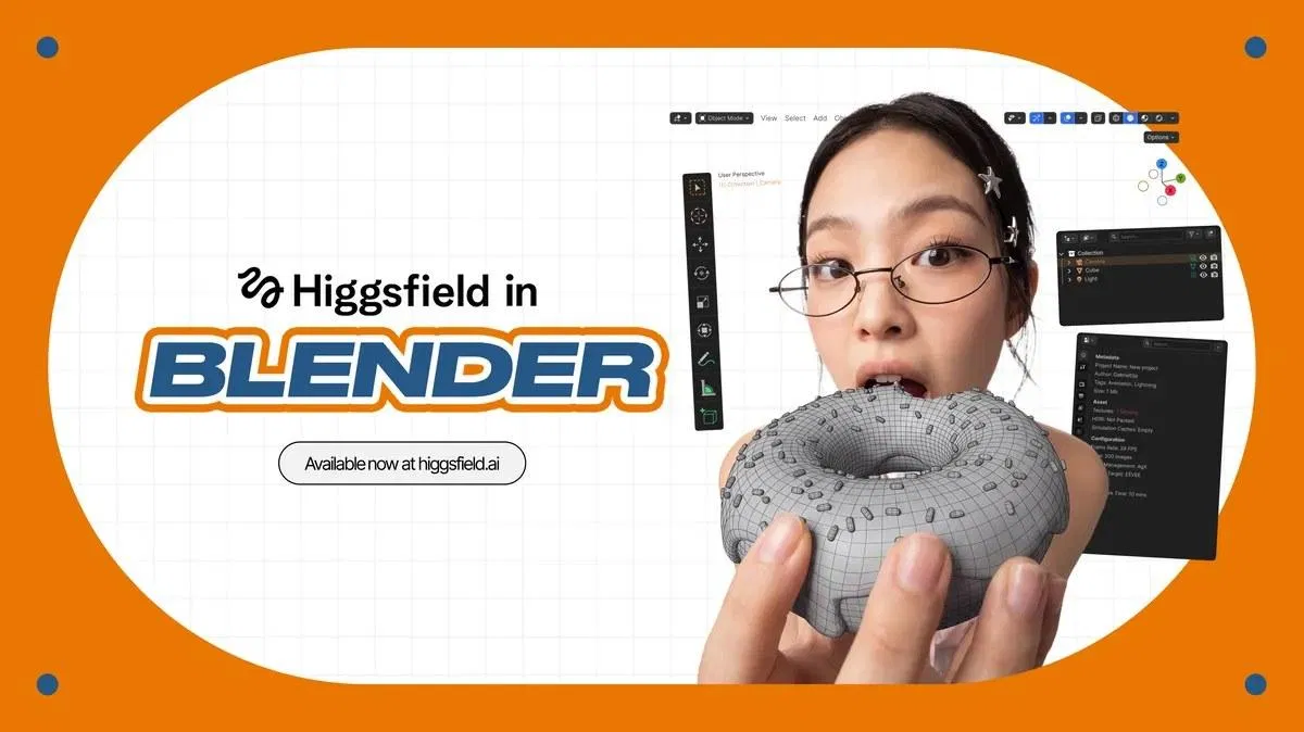 Higgsfield in Blender 官方主視覺：橘底上寫著 Higgsfield in BLENDER，一隻手拿著 Blender 經典的灰模甜甜圈，旁邊浮著 Blender 介面截圖