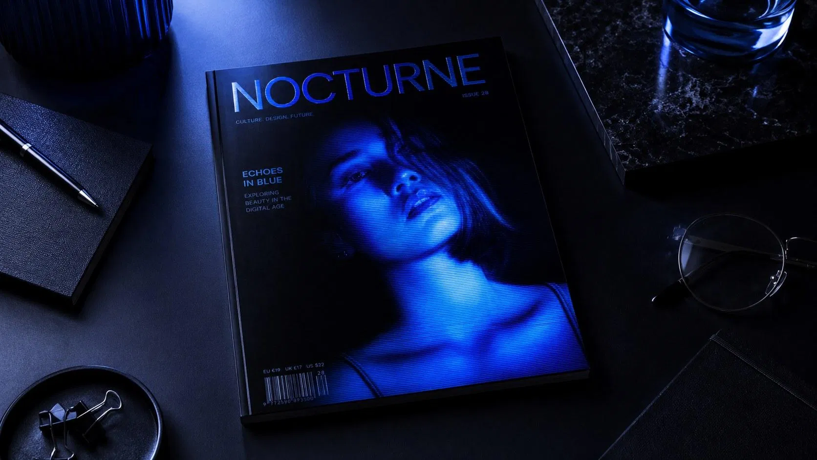 掃描線人像做成 NOCTURNE 雜誌封面，放在深色桌面上搭配眼鏡與筆記本