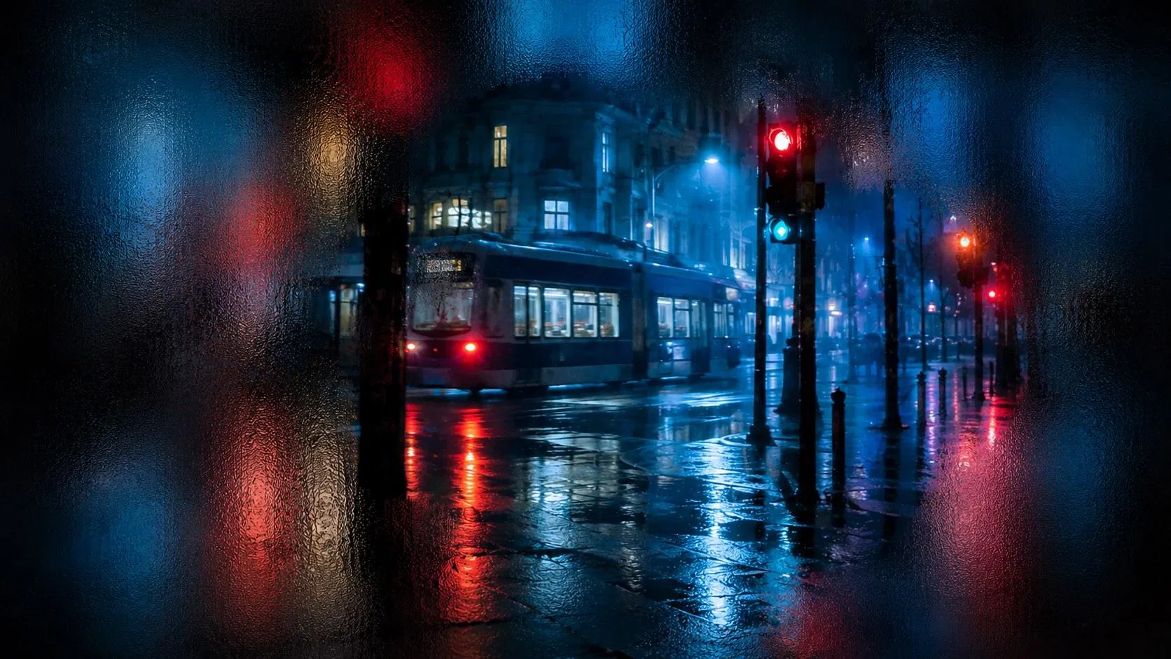 Photoshop 水霧玻璃效果範例:雨夜路面電車透過起霧玻璃,暖黃車廂光與紅色號誌暈開