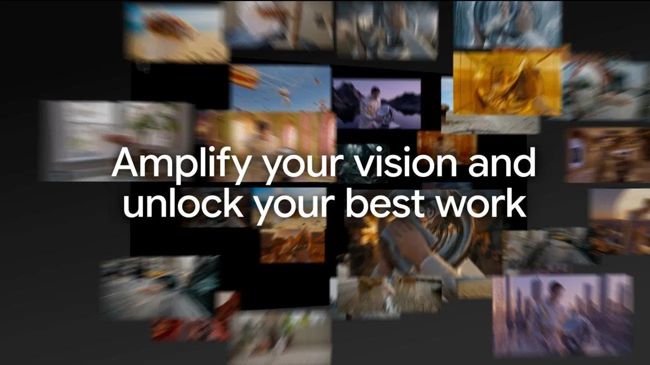 Google Flow 官方視覺：多張影片預覽飄浮在深色背景上，中央寫著 Amplify your vision and unlock your best work