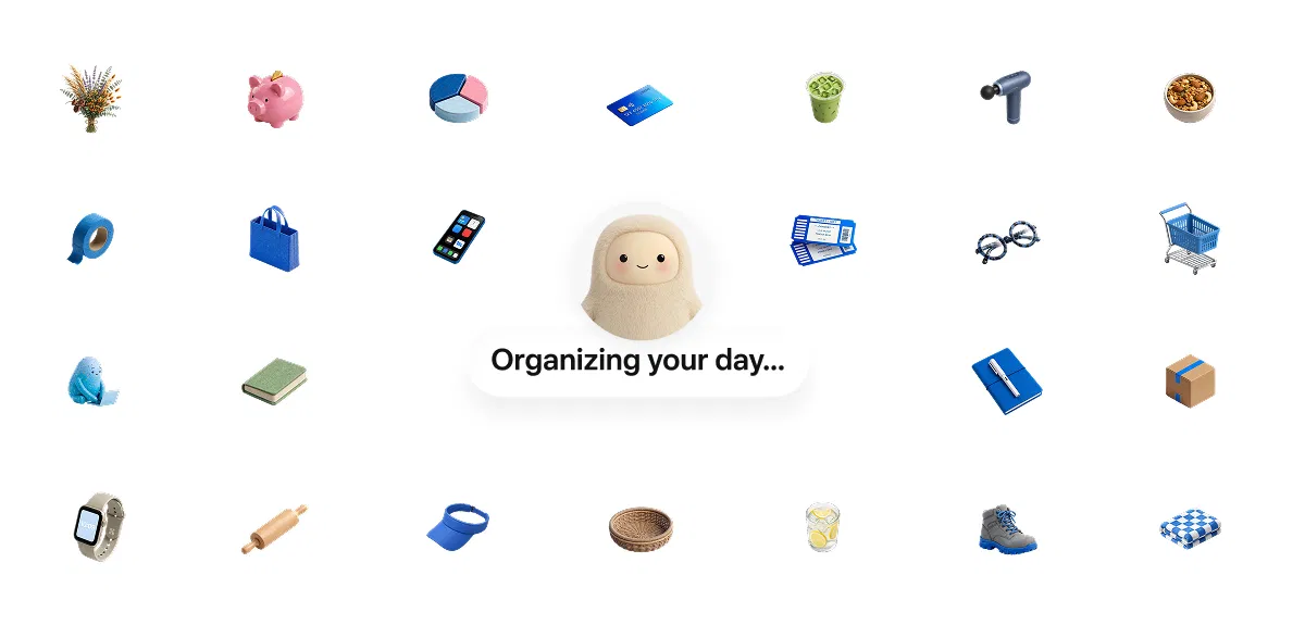 Meta Muse 官方設計文主視覺：米色 Muse 頭像居中，下方寫著 Organizing your day，四周環繞撲滿、信用卡、購物車、機票、筆記本、登山鞋等日常物件
