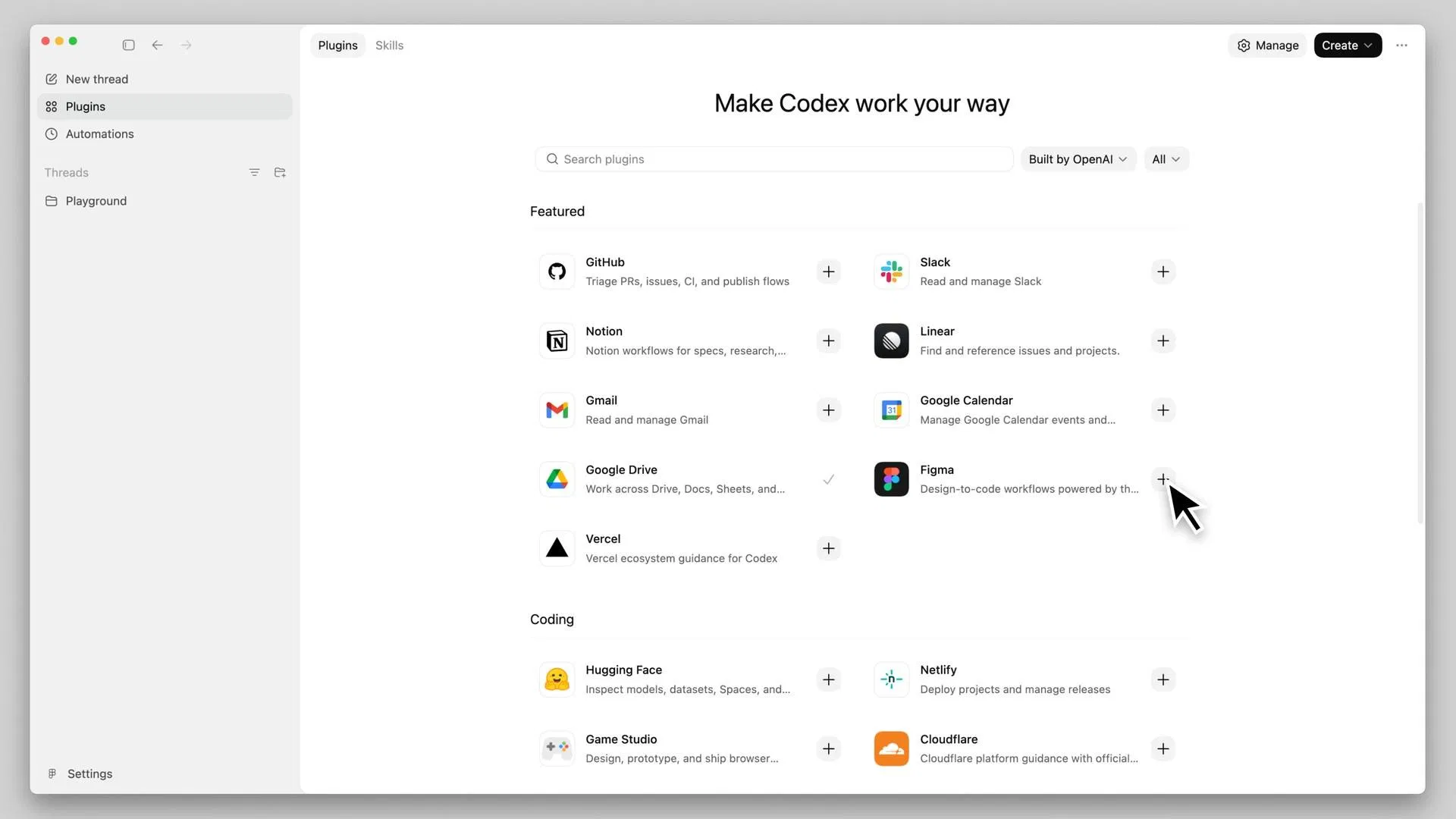 Codex 桌面 App 的 Plugins 面板截圖:Figma 外掛出現在安裝清單中,一鍵安裝後透過 OAuth 授權接上 Figma MCP server