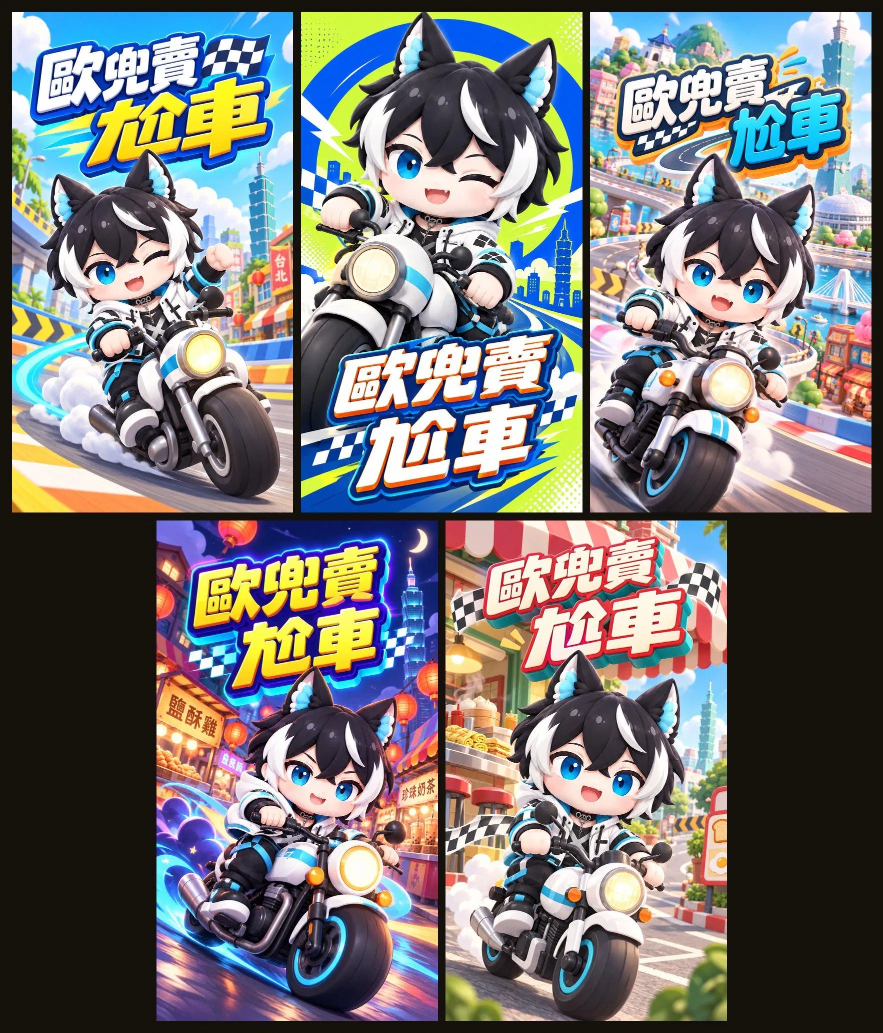 《歐兜賣尬車》五款直式宣傳封面：日光甩尾、角色主視覺、台北玩具城市、夜市加速、早餐店起跑