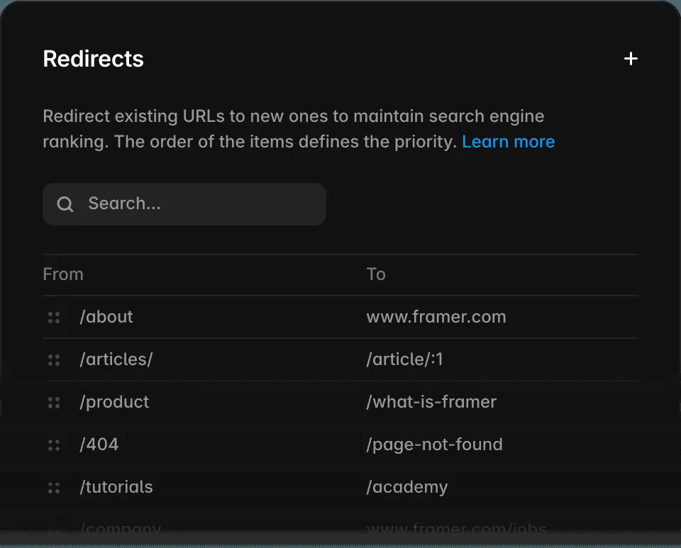 Framer 的 Redirects 設定面板,左欄是舊路徑、右欄是新的目的地網址,列出六組轉址規則