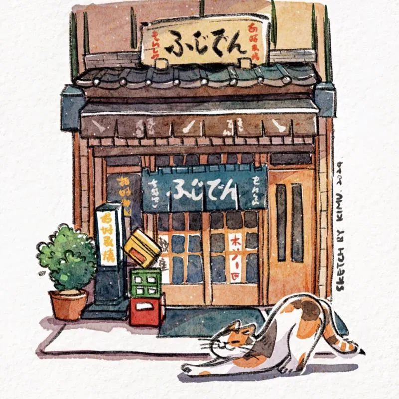 日式小店與伸懶腰的貓