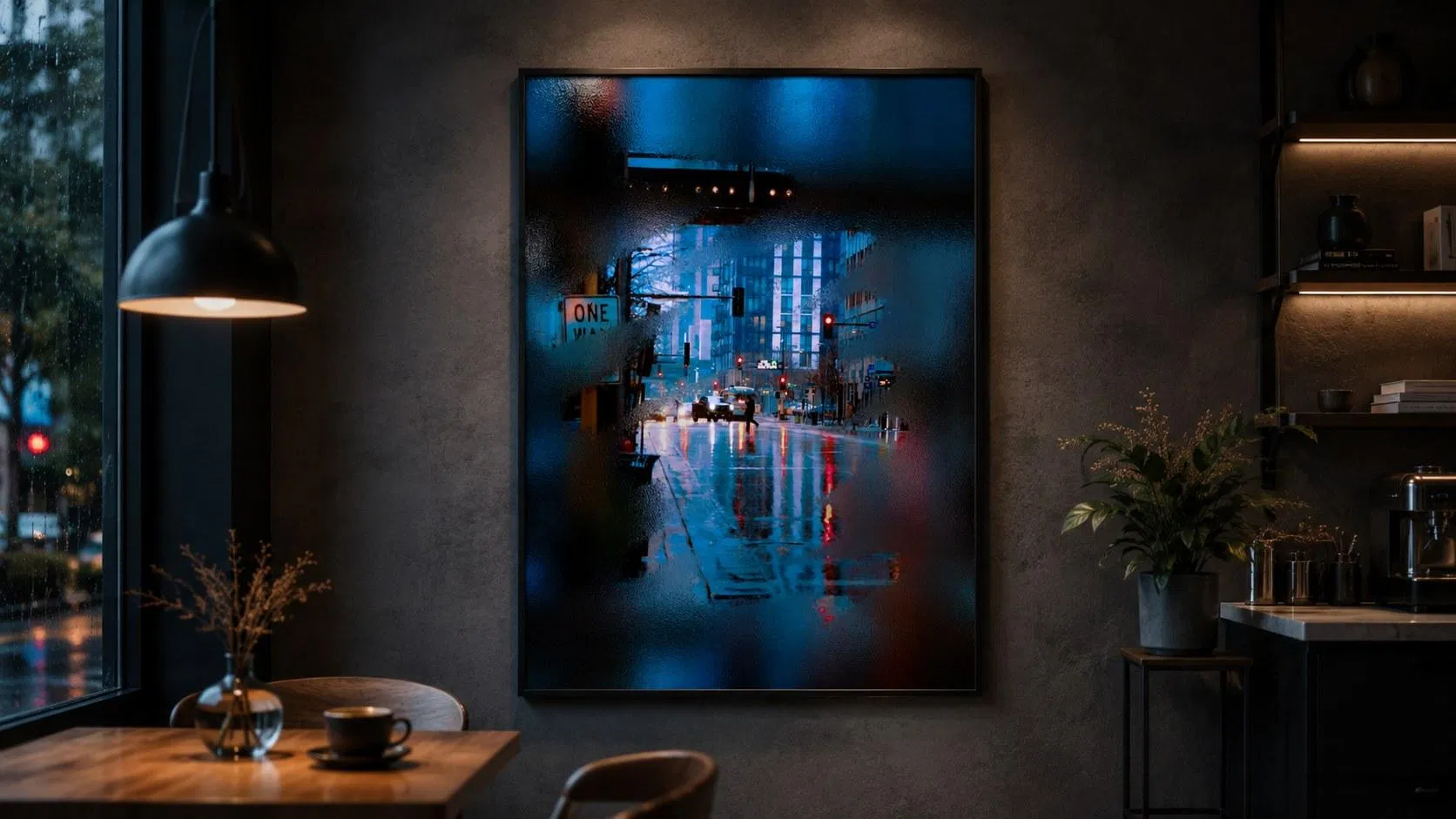 水霧玻璃效果應用場景:咖啡店牆面掛畫