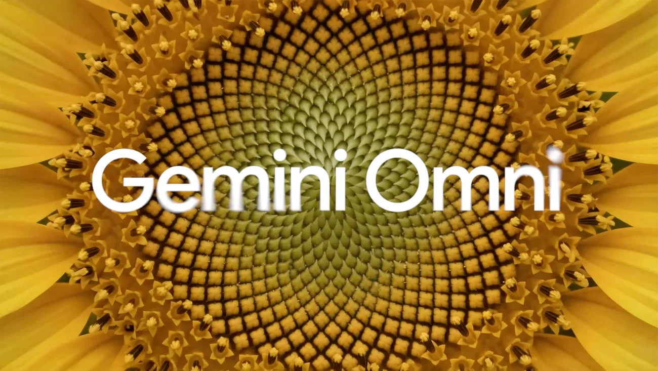 Gemini Omni 模型品牌視覺：向日葵中心螺旋幾何加上 Gemini Omni 字樣