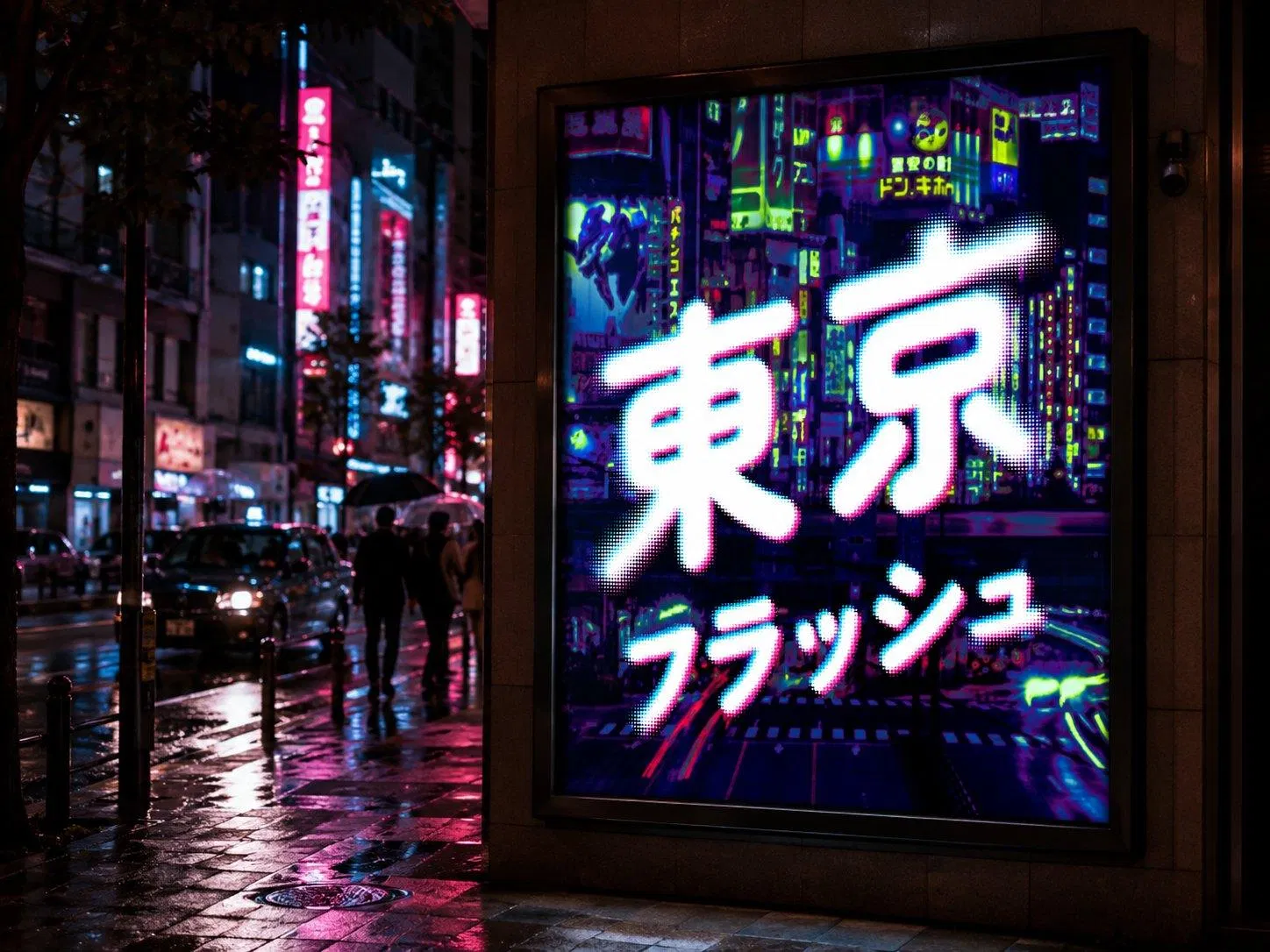 Photoshop 點陣漸變文字完成範例:東京フラッシュ白色網點字掛在雨夜街頭燈箱,邊緣化成細密網點,粉藍錯位泛著霓虹光暈