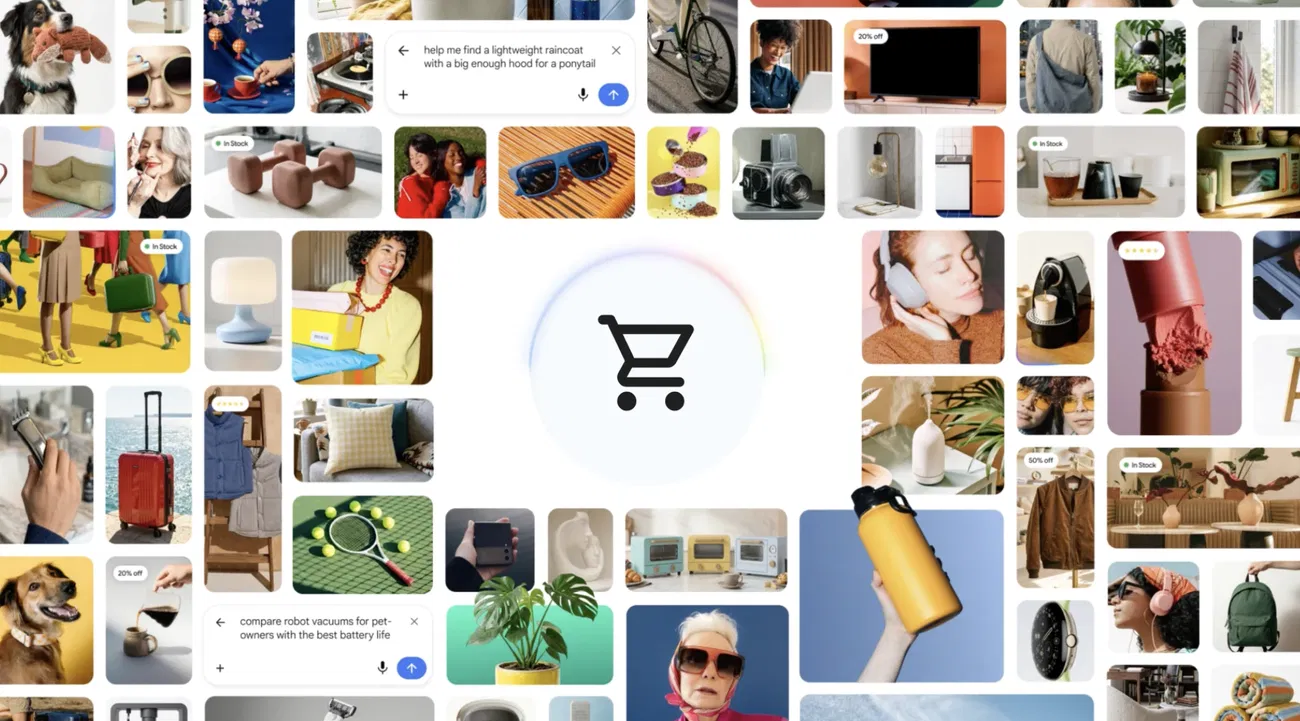 Universal Cart 官方主視覺，中央漂浮的購物車圖示，周圍鋪滿各種商品縮圖，包含家具、家電、服飾、生活雜貨等，呈現 Gemini 整合跨平台購物的概念