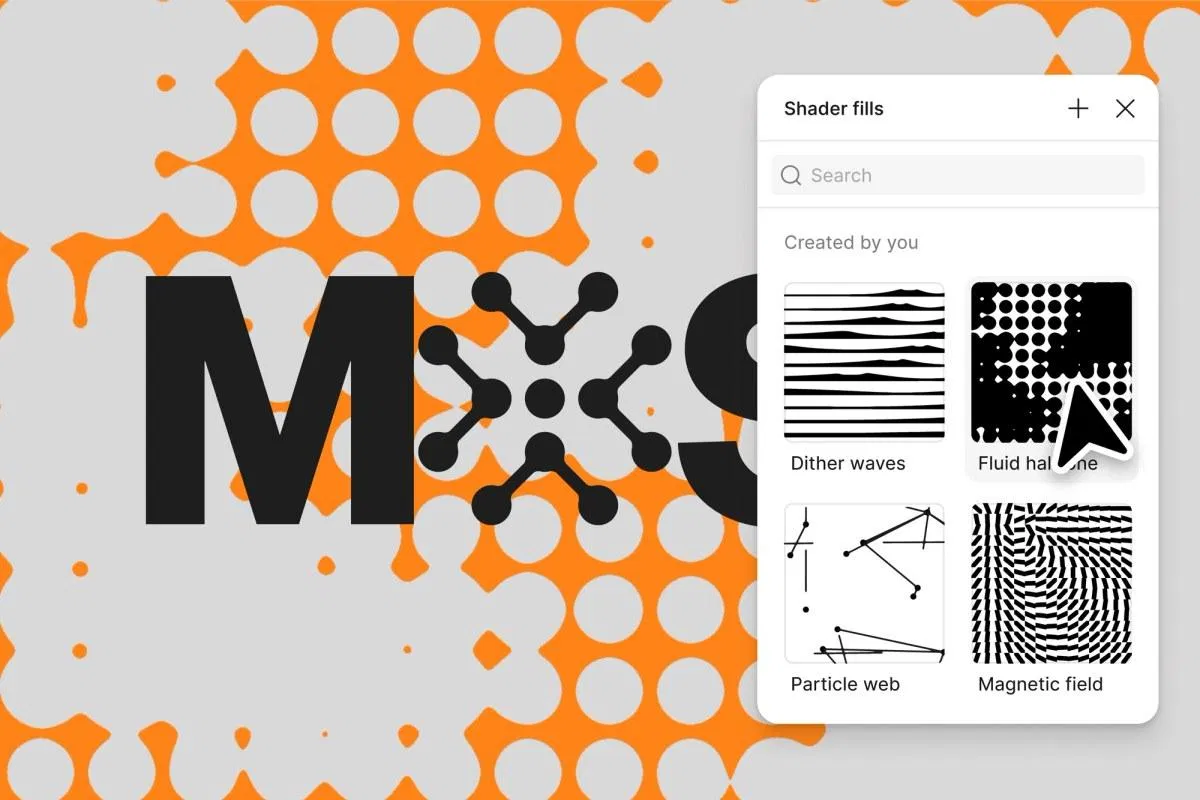 Figma Shader fills 面板，列出 Dither waves、Fluid halftone、Particle web、Magnetic field 等自製材質預設，右側是黑色字體搭配橘灰網點的作品