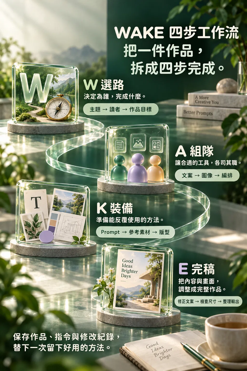 WAKE 四步工作流：把一件作品，拆成四步完成。——W 選路；決定為誰，完成什麼；主題 → 讀者 → 作品目標；A 組隊；讓合適的工具，各司其職；文案 → 圖像 → 編排；K 裝備；準備能反覆使用的方法；Prompt → 參考素材 → 版型；E 完稿；把內容與畫面，調整成完整作品；修正文案 → 檢查尺寸 → 整理輸出；保存作品、指令與修改紀錄，替下一次留下好用的方法