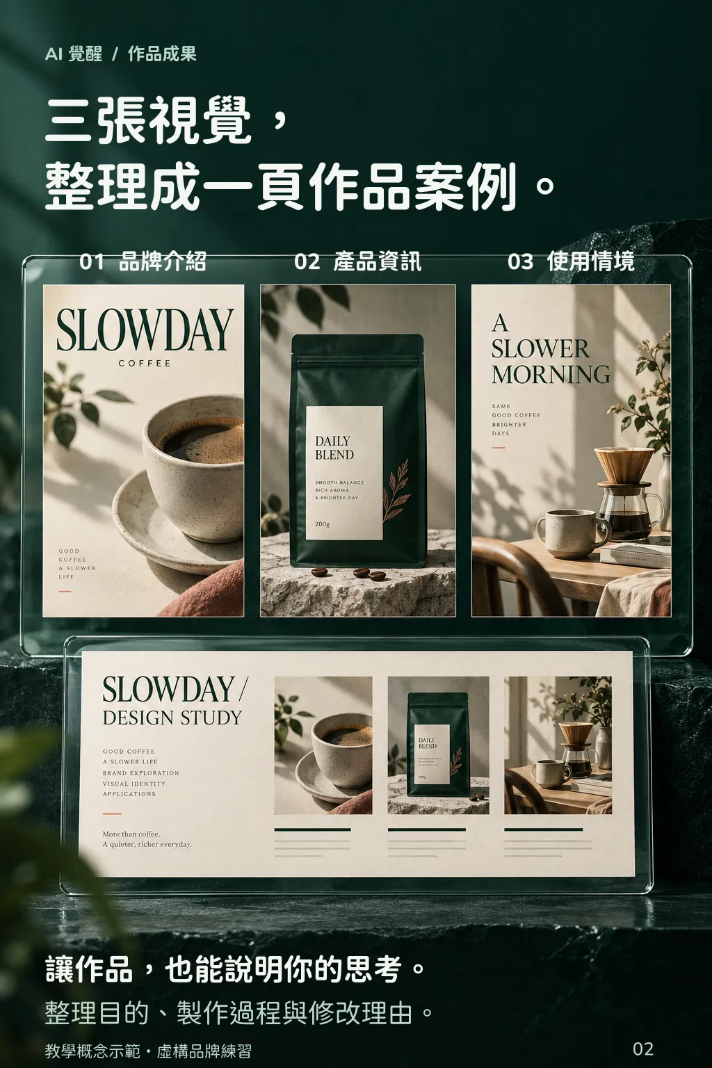 第一件作品的成果:三張社群視覺(品牌介紹、產品資訊、使用情境)整理成一頁作品案例——讓作品也能說明你的思考,整理目的、製作過程與修改理由(教學概念示範,虛構品牌練習)
