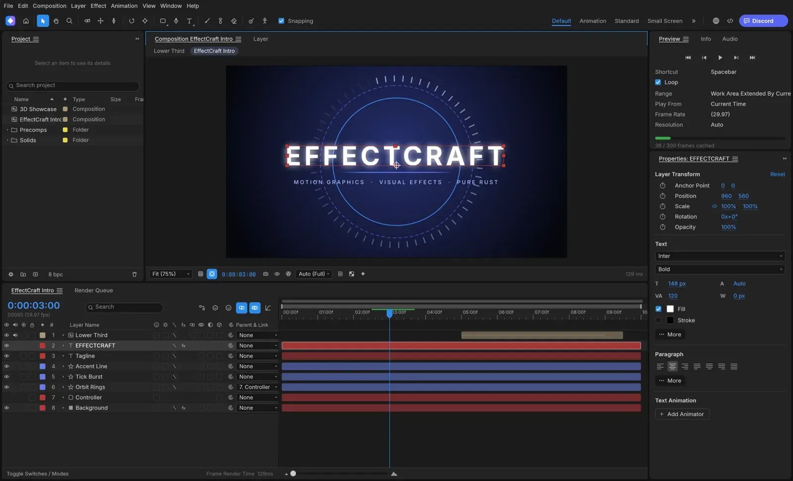 EffectCraft 合成面板顯示動態標題 EFFECTCRAFT，左側專案面板、下方時間軸有文字、形狀、純色圖層，右側屬性面板