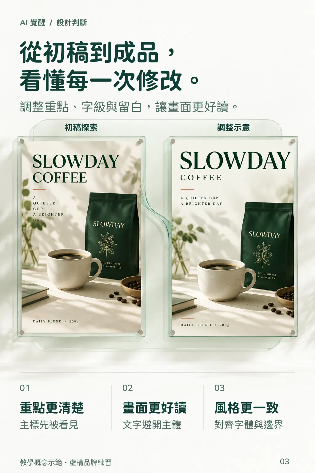 從初稿到成品,看懂每一次修改:初稿探索與調整示意的對照,調整重點、字級與留白讓畫面更好讀——01 重點更清楚,主標先被看見;02 畫面更好讀,文字避開主體;03 風格更一致,對齊字體與邊界(教學概念示範,虛構品牌練習)