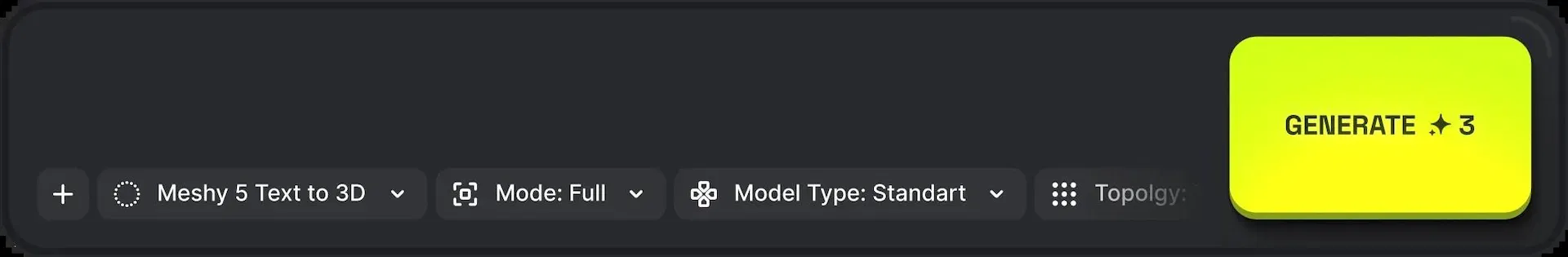 Higgsfield Blender 外掛的浮動工具列：左側顯示 Meshy 5 Text to 3D、Mode Full、Model Type Standard 等設定，右側是黃色 GENERATE 按鈕，上面標示這次生成要花的點數