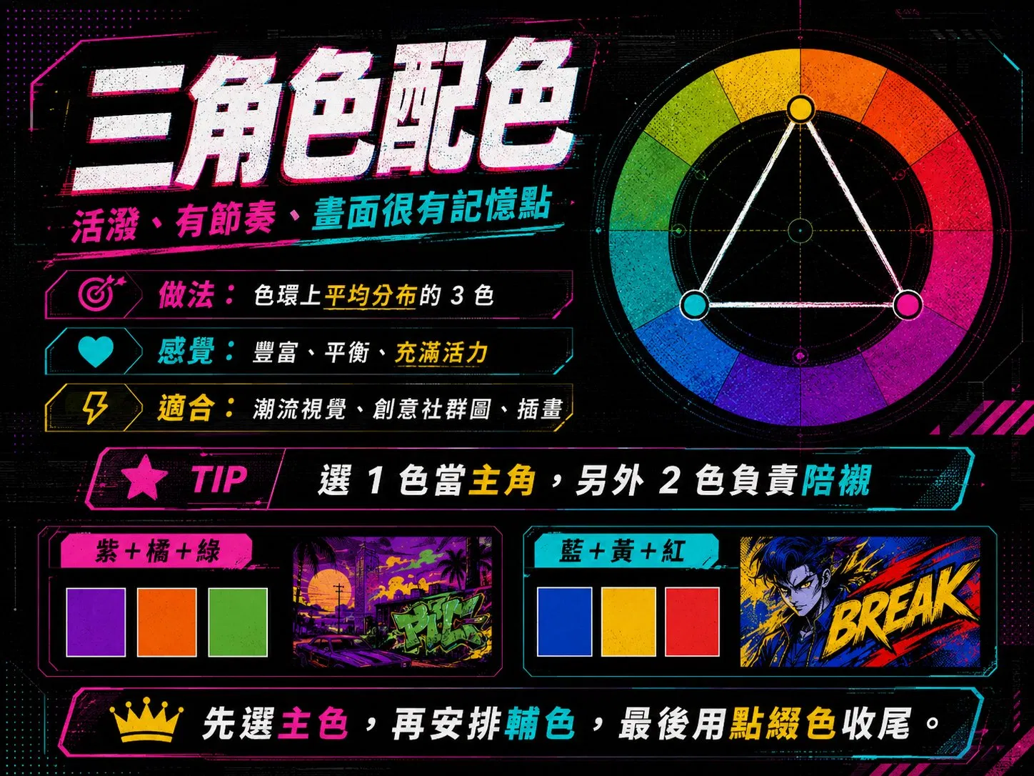 三角色配色:色環上平均分布的 3 色,活潑、有節奏、畫面很有記憶點