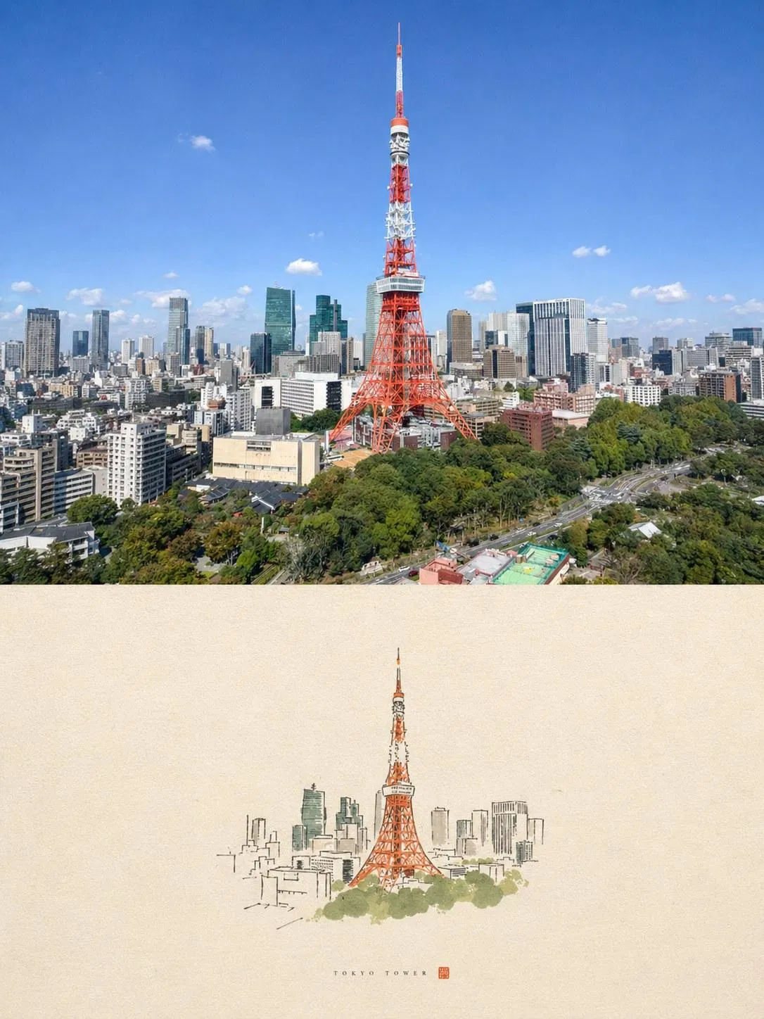 東京鐵塔空拍生成的雙格海報，下半用線稿與綠色塊重繪塔身與周邊街區