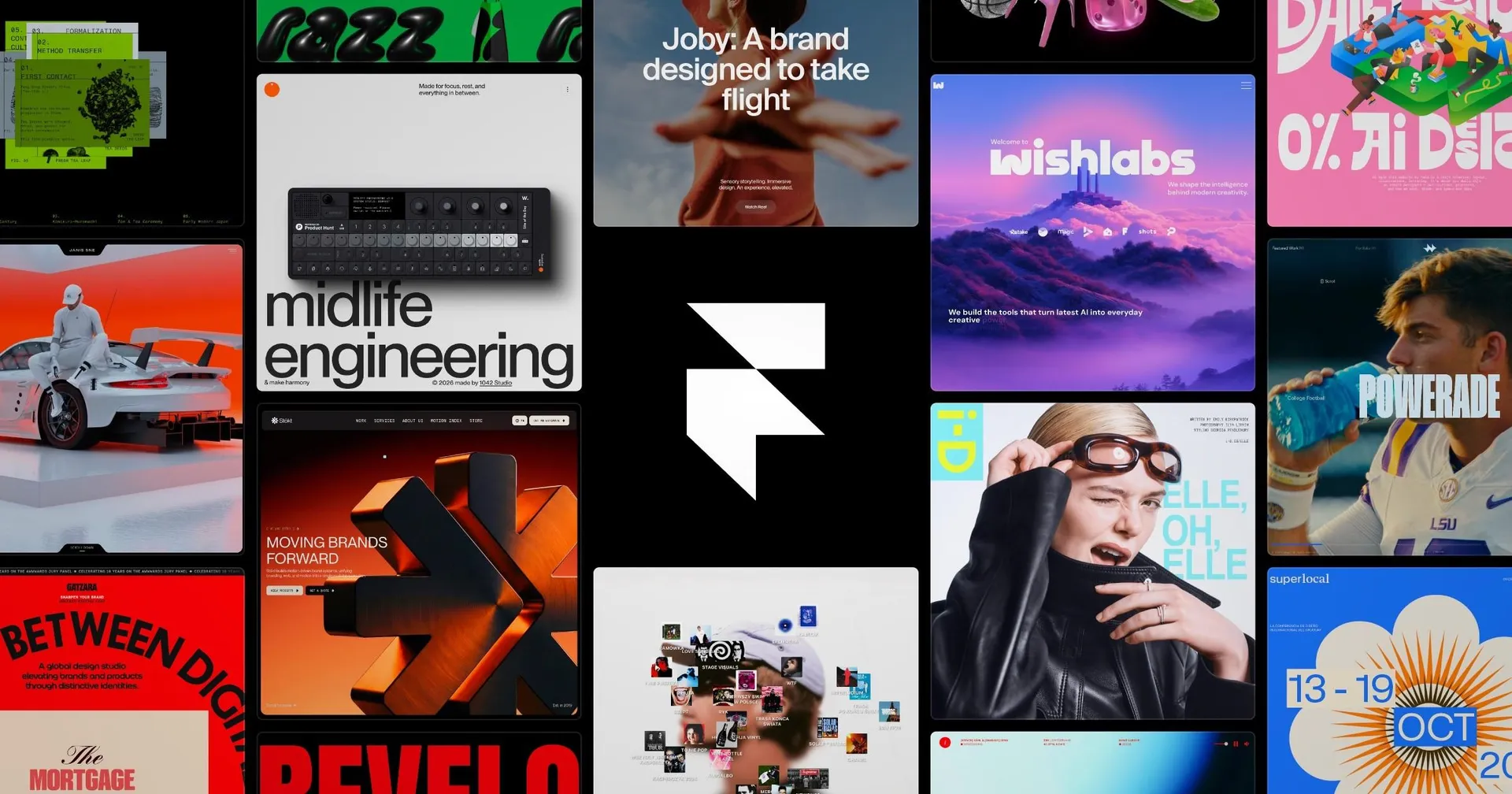 用 Framer 製作的網站作品牆,展示 Framer 在行銷網站與作品集設計上的表現,中央為 Framer 標誌