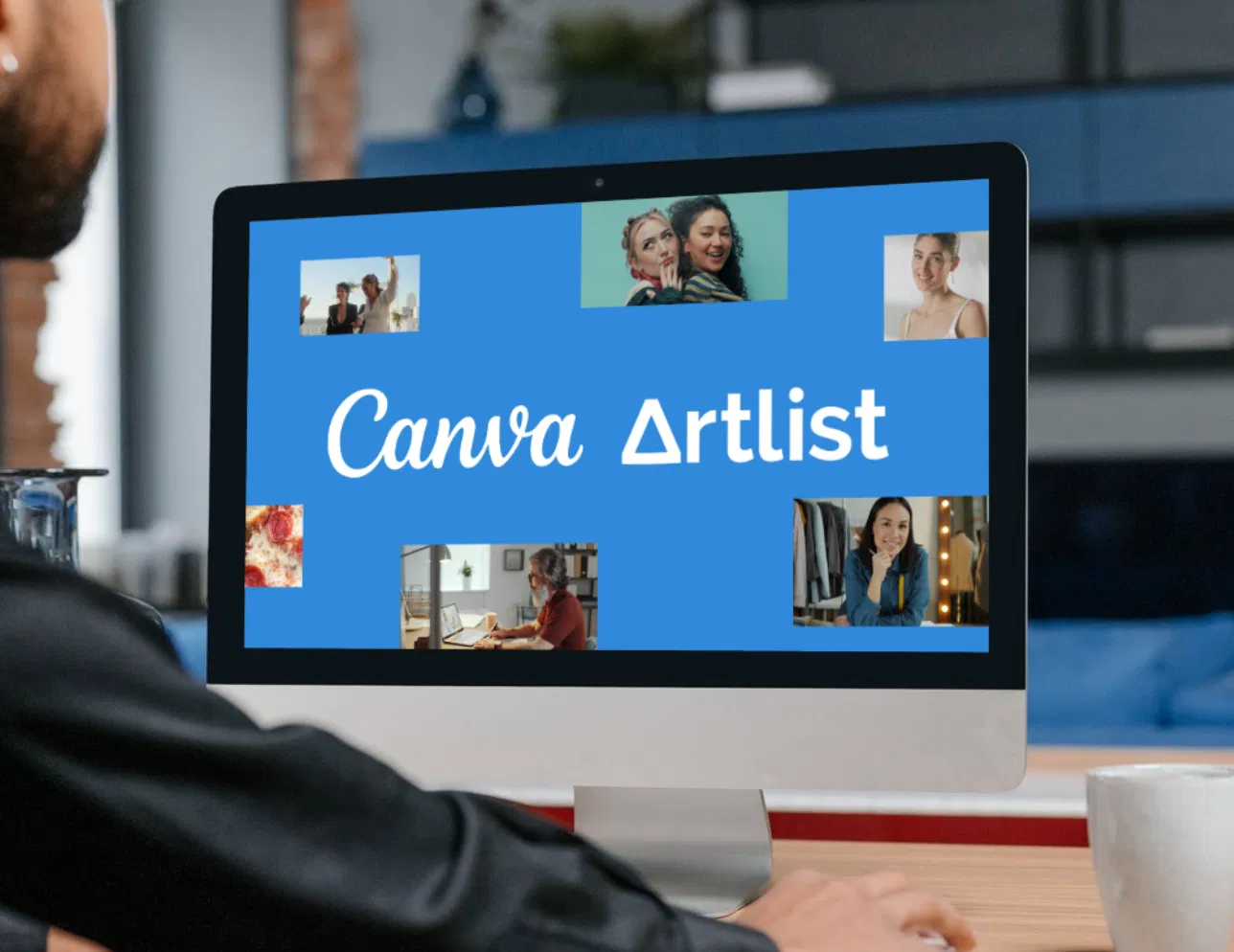 Canva 官方的 Artlist 合作頁主視覺：桌上型電腦螢幕顯示 Canva 與 Artlist 兩個品牌標誌，周圍排著人物照片