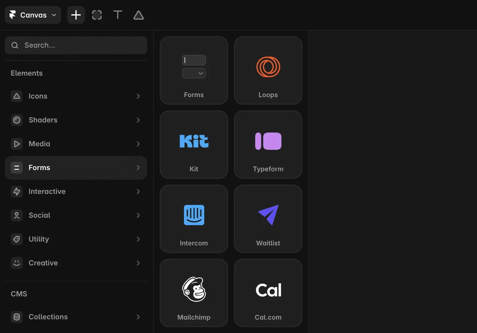 Framer 編輯器的 Insert 面板,左側選單選中 Forms 分類,右側列出 Forms、Loops、Kit、Typeform、Intercom、Waitlist、Mailchimp 與 Cal.com 等選項