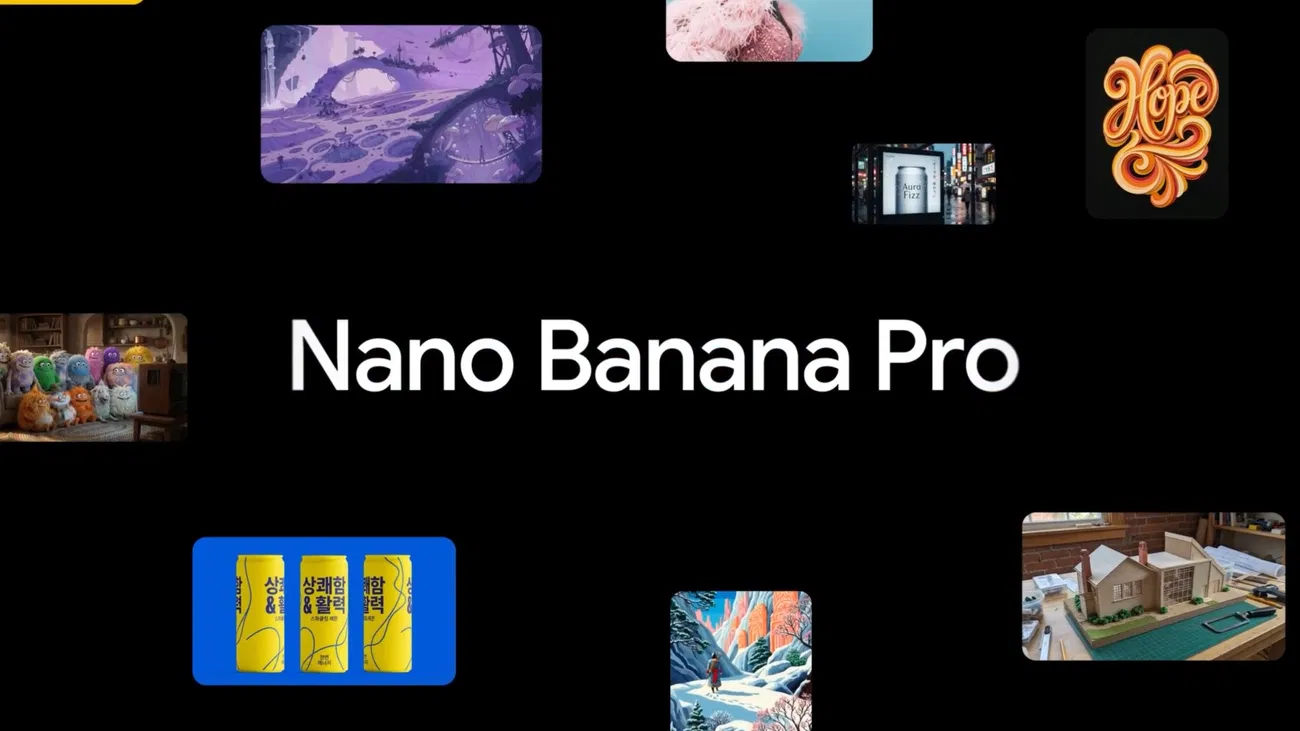 Nano Banana Pro 官方主視覺拼貼,展示模型生成的多語言文字、立體場景、品牌包裝、迷你公仔等多元樣張
