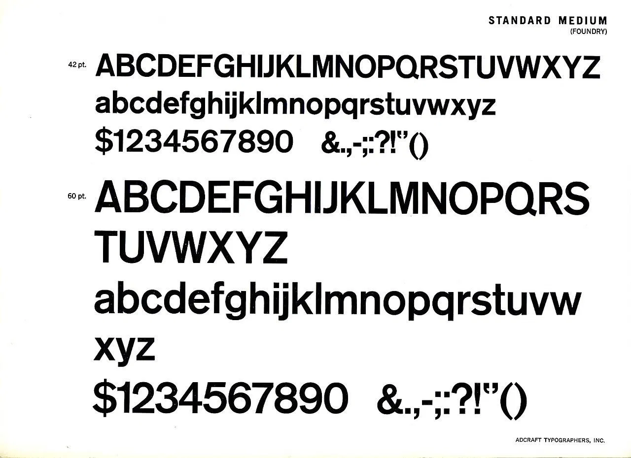 Standard Medium 金屬活字樣本：白底黑字，分別以 42 點與 60 點排出 A 到 Z 大小寫字母、數字與標點，右上角標示 STANDARD MEDIUM (FOUNDRY)