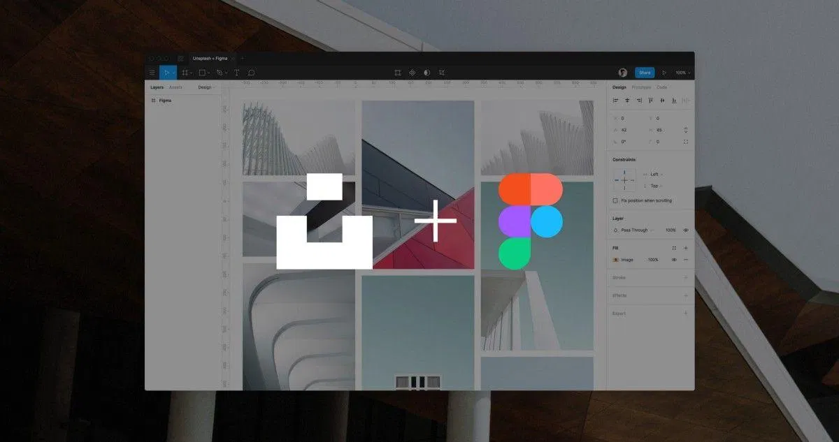 Unsplash for Figma plugin 介面截圖:Figma 工作區內顯示 Unsplash logo 與建築攝影圖庫拼貼
