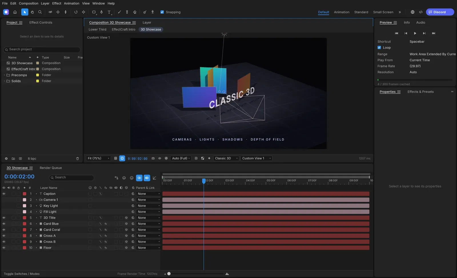 EffectCraft 的 3D 示範場景：交錯的卡片被聚光燈照亮，在格線地板上投出柔和陰影，使用自訂攝影機視角