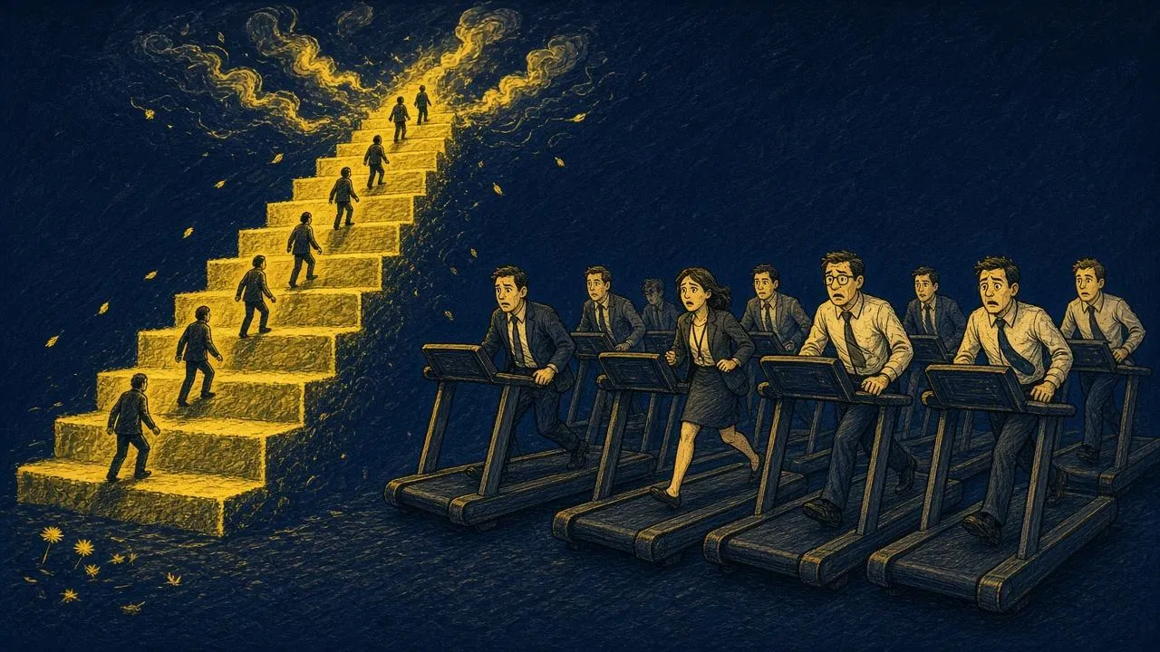 左邊七座發著黃光的高塔階梯不斷往上，小人一路爬升；右邊一群上班族在一條長長的跑步機上拚命跑，卻停在原地