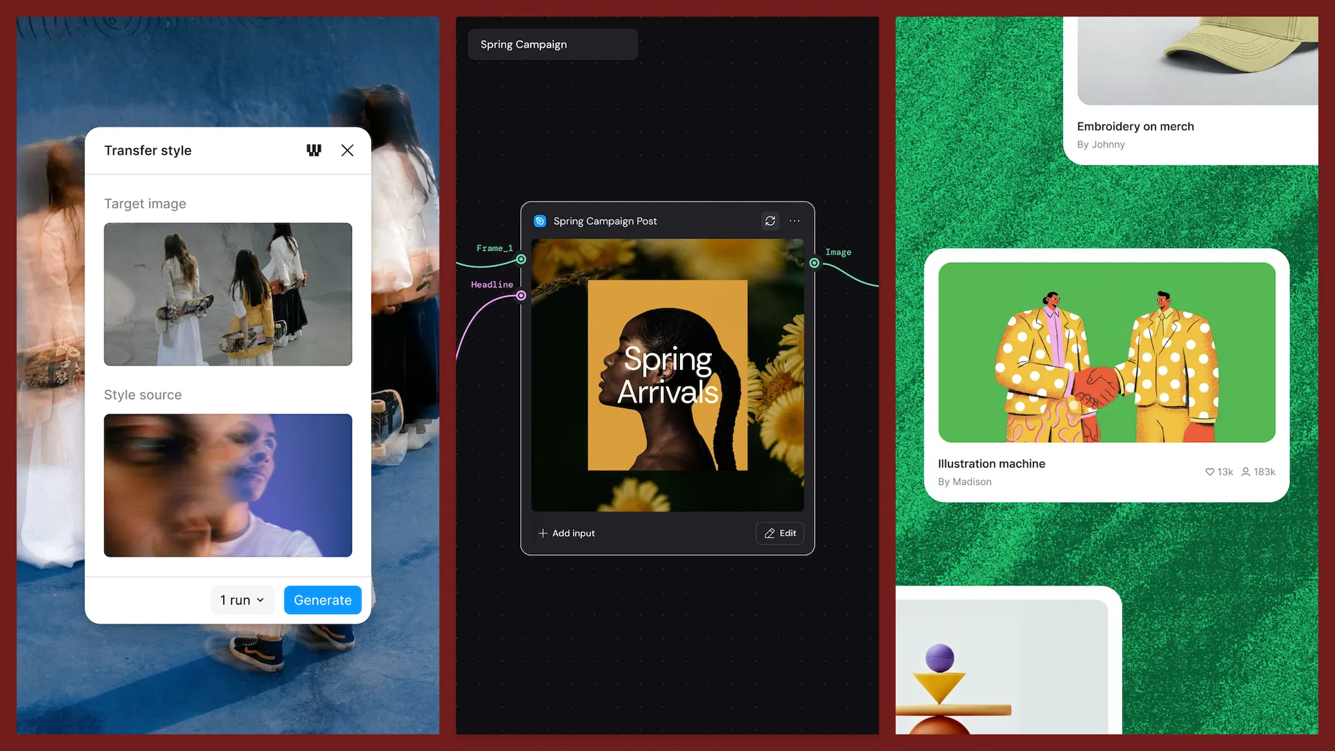 Figma Weave 工具介面：Transfer style 面板、node canvas 上的工具節點與 Community 工具列表