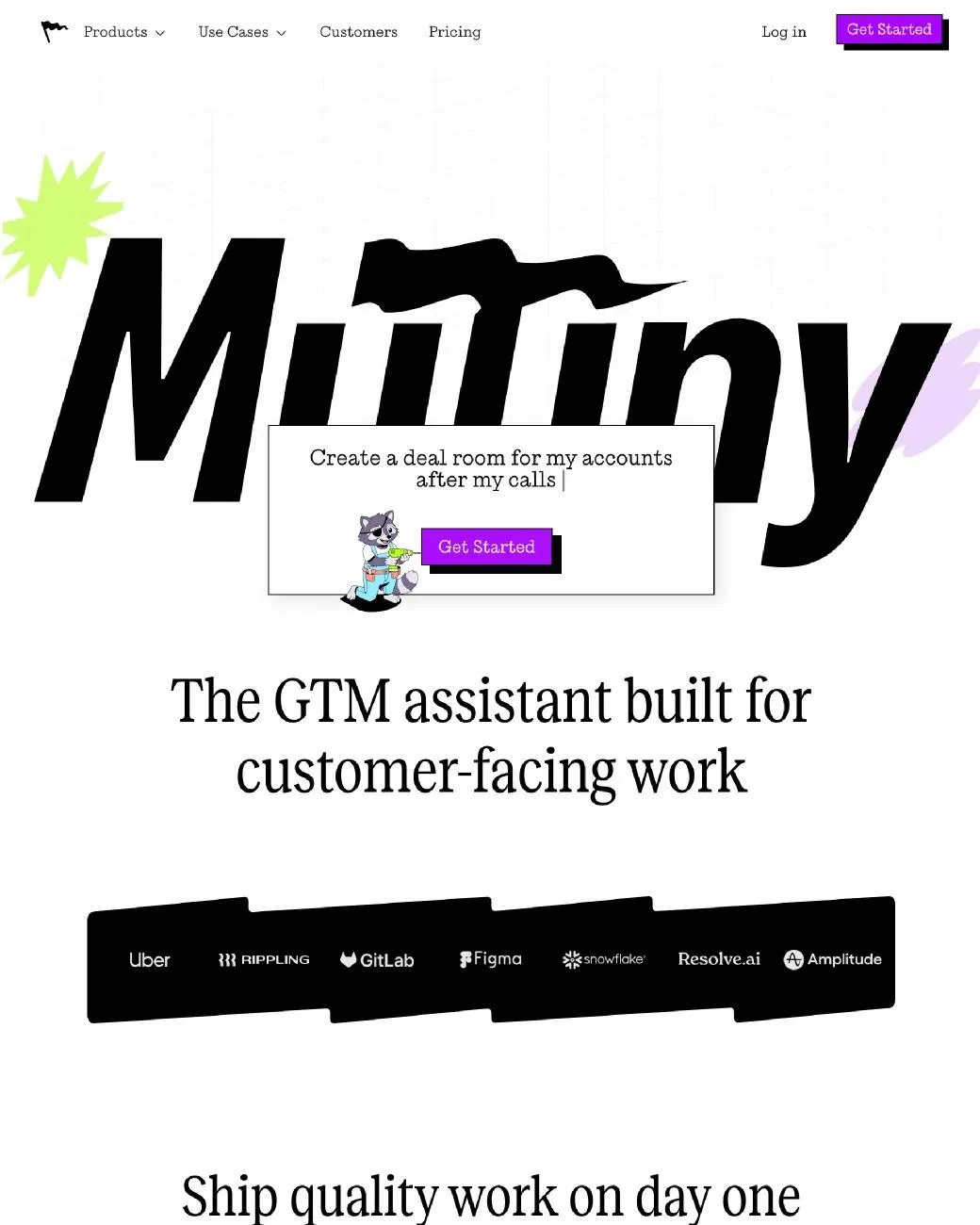 Mutiny 官網首屏往下的區塊：巨大的 Mutiny 字樣、一句 The GTM assistant built for customer-facing work，以及 Uber、Rippling、GitLab、Figma、Snowflake 等客戶 logo 組成的黑色橫條