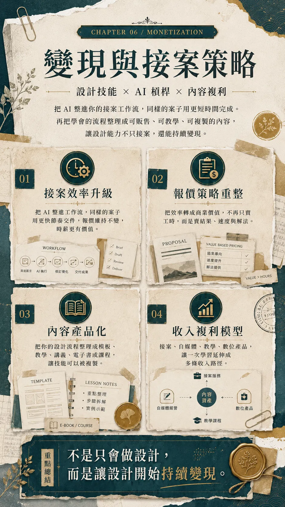 變現與接案策略——設計技能 × AI 槓桿 × 內容複利:把 AI 整進你的接案工作流,同樣的案子用更短時間完成,再把學會的流程整理成可販售、可教學、可複製的內容,讓設計能力不只接案,還能持續變現;01 接案效率升級(把 AI 整進工作流,同樣的案子用更快節奏交件,報價維持不變,時薪更有價值)、02 報價策略重整(把效率轉成商業價值,不再只賣工時,而是賣結果、速度與解法)、03 內容產品化(把設計流程整理成模板、教學、講義、電子書或課程,讓技能可以被複製)、04 收入複利模型(接案、自媒體、教學、數位產品,讓一次學習延伸成多條收入路徑);不是只會做設計,而是讓設計開始持續變現
