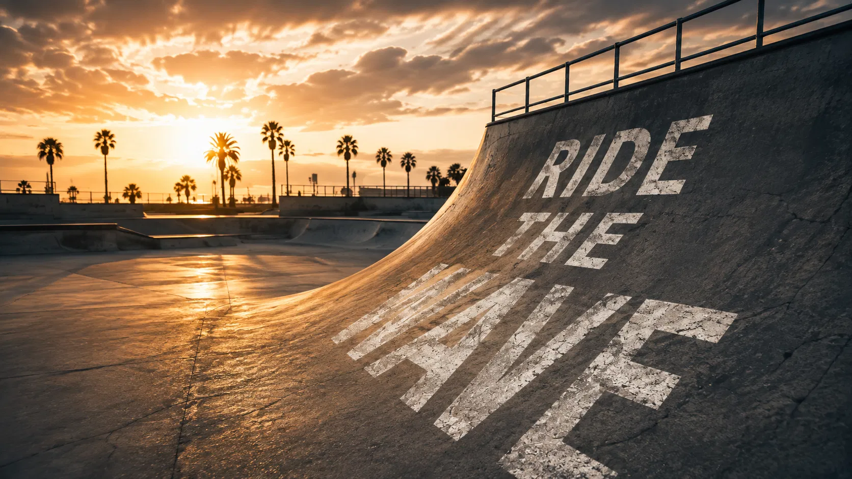 路面透視效果應用:滑板場的弧形坡道上寫著 RIDE THE WAVE 文字,背景是夕陽與棕櫚樹