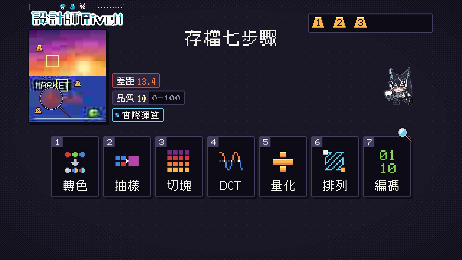 三條線索整理成存檔七步驟：轉色、抽樣、切塊、DCT、量化、排列、編碼七張像素卡片