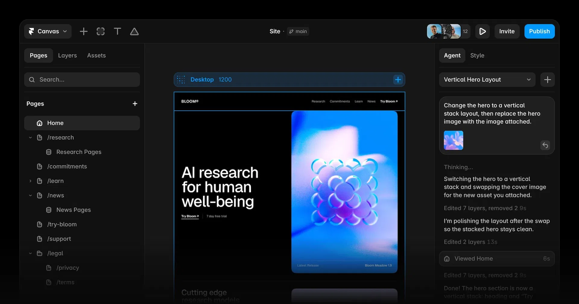 Framer 編輯器介面，左側 Pages 面板，中央畫布顯示一個正在製作的網站，右側 Agent 面板正在執行把 hero 改成垂直堆疊並換圖的指令，並顯示已編輯七個圖層