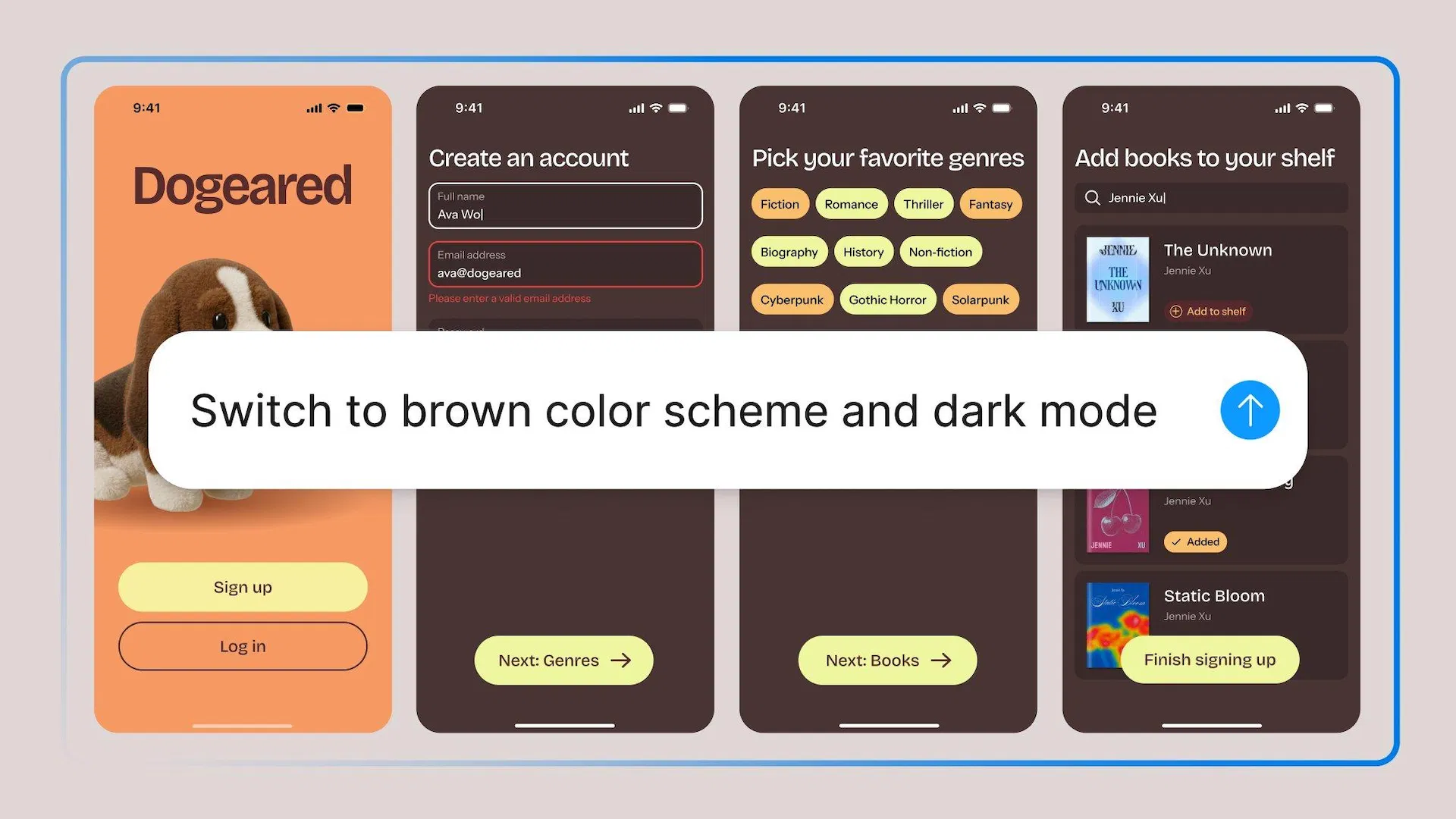 Figma Agent 在 canvas 上編輯一組閱讀 App 的註冊引導流程，畫面上有四張手機稿與一句提示：Switch to brown color scheme and dark mode