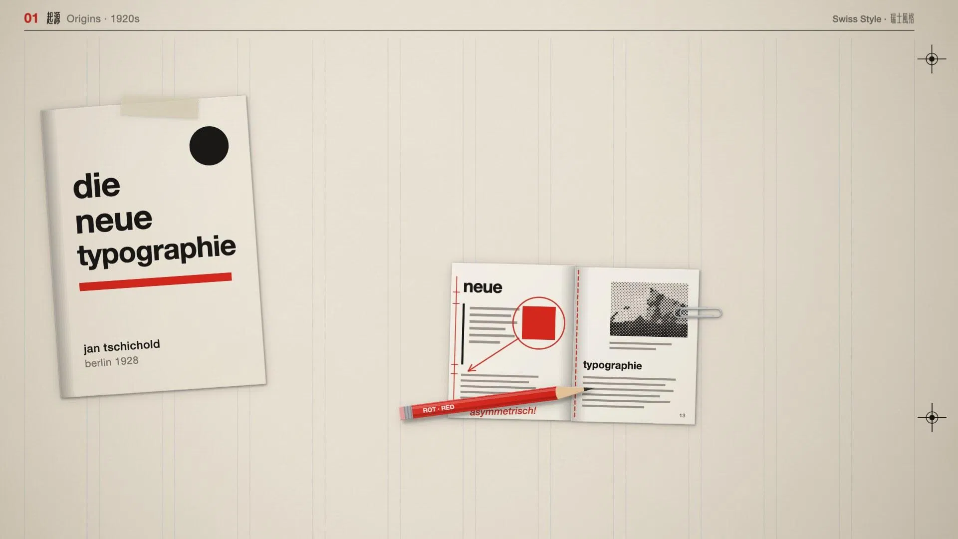 剪紙動畫裡的《die neue typographie》書封，封面有黑色圓點與紅色橫條，旁邊攤開的內頁用紅筆圈出不對稱的版面