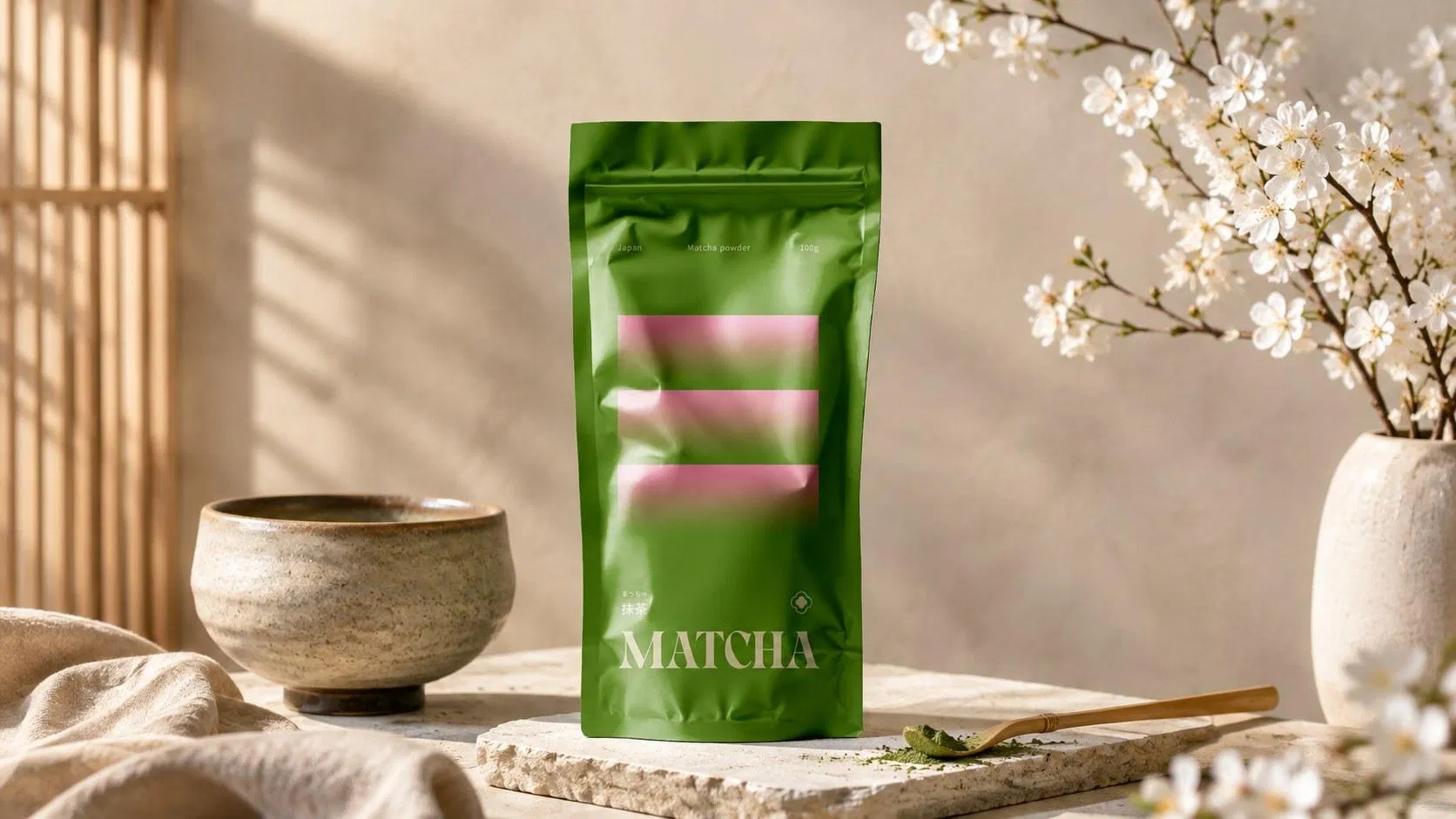 抹茶包裝與白色櫻花、茶碗並置的春季日式情境圖