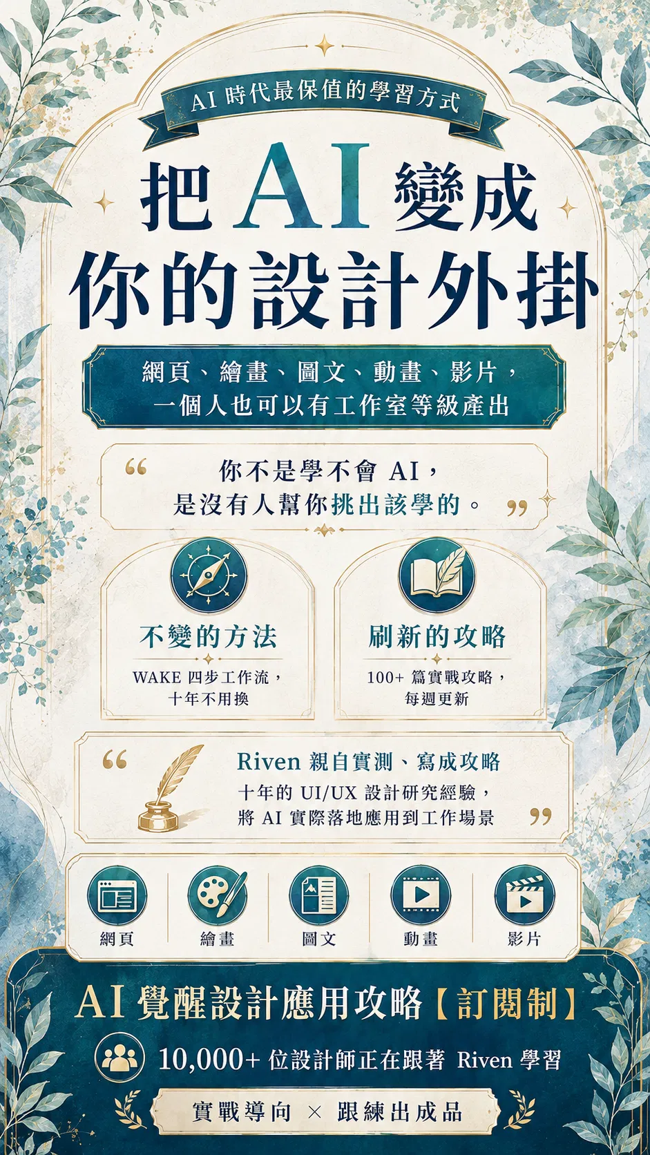 把 AI 變成你的設計外掛——網頁、繪畫、圖文、動畫、影片,一個人也可以有工作室等級產出;不變的方法 WAKE 四步工作流,刷新的攻略每週更新,Riven 親自實測寫成攻略