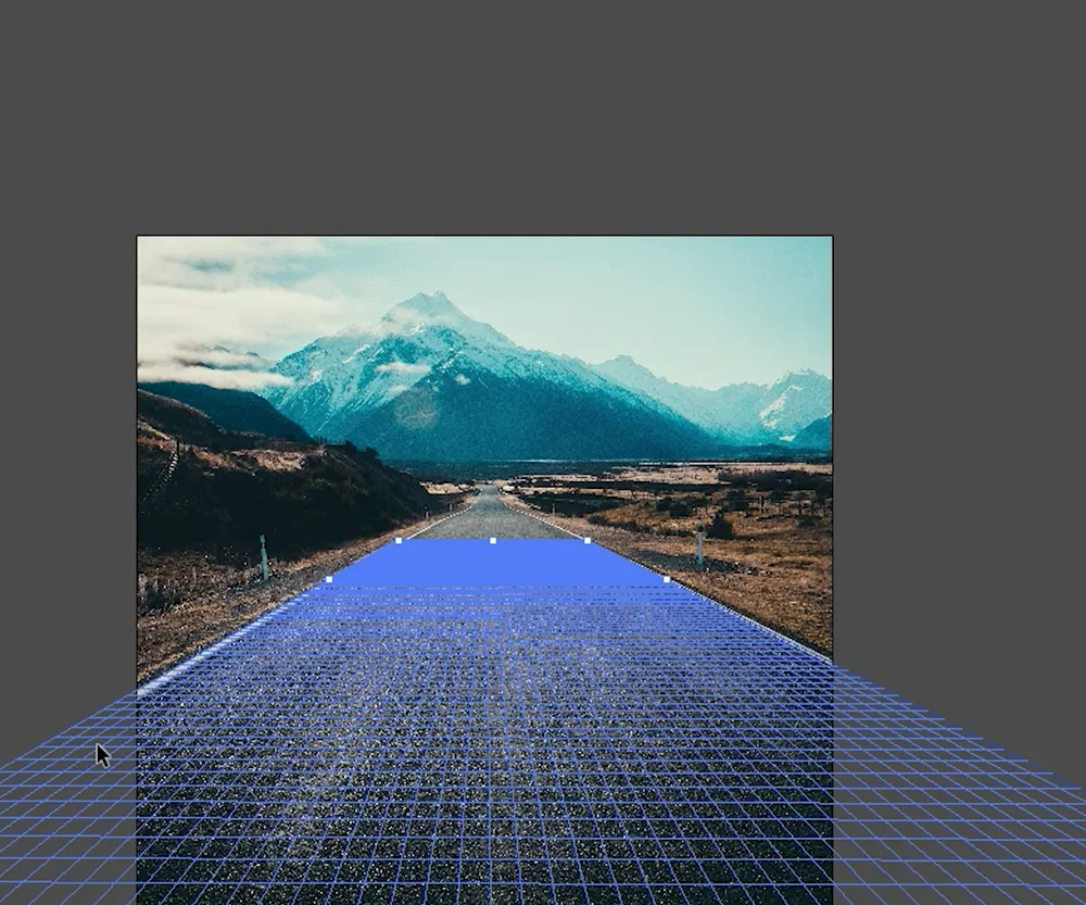 Photoshop 消失點濾鏡的透視平面,藍色格線鋪滿柏油路面代表平面正確
